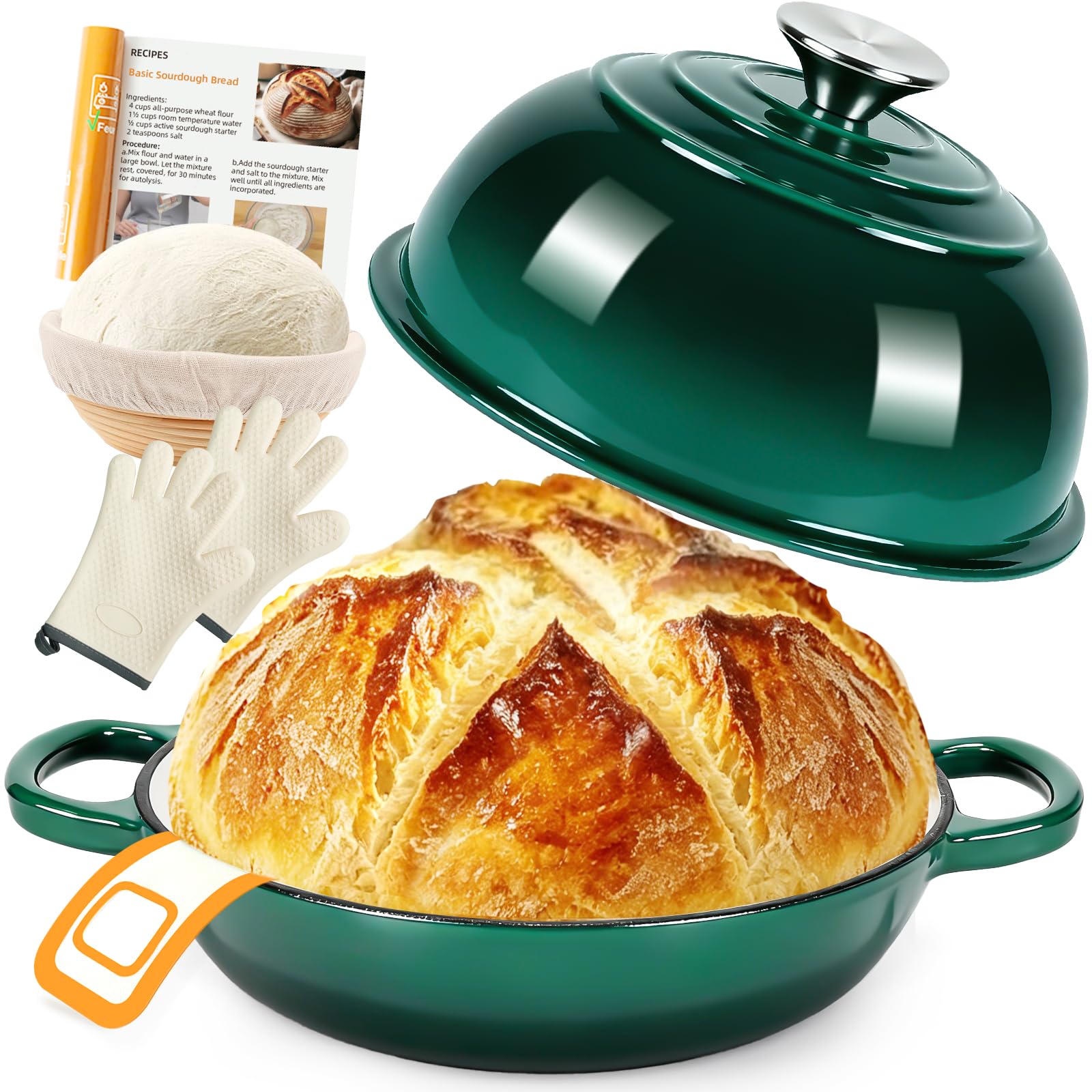 Gusseisen Topf Brot Backen,5,7L Bräter Emaille Schmortopf mit Deckel und Griffen,26 cm Dutch Oven,Brotbacktopf mit Gärkorb,Schmortopf Gusseisen Topf für Küche Backen Schmoren & Braten