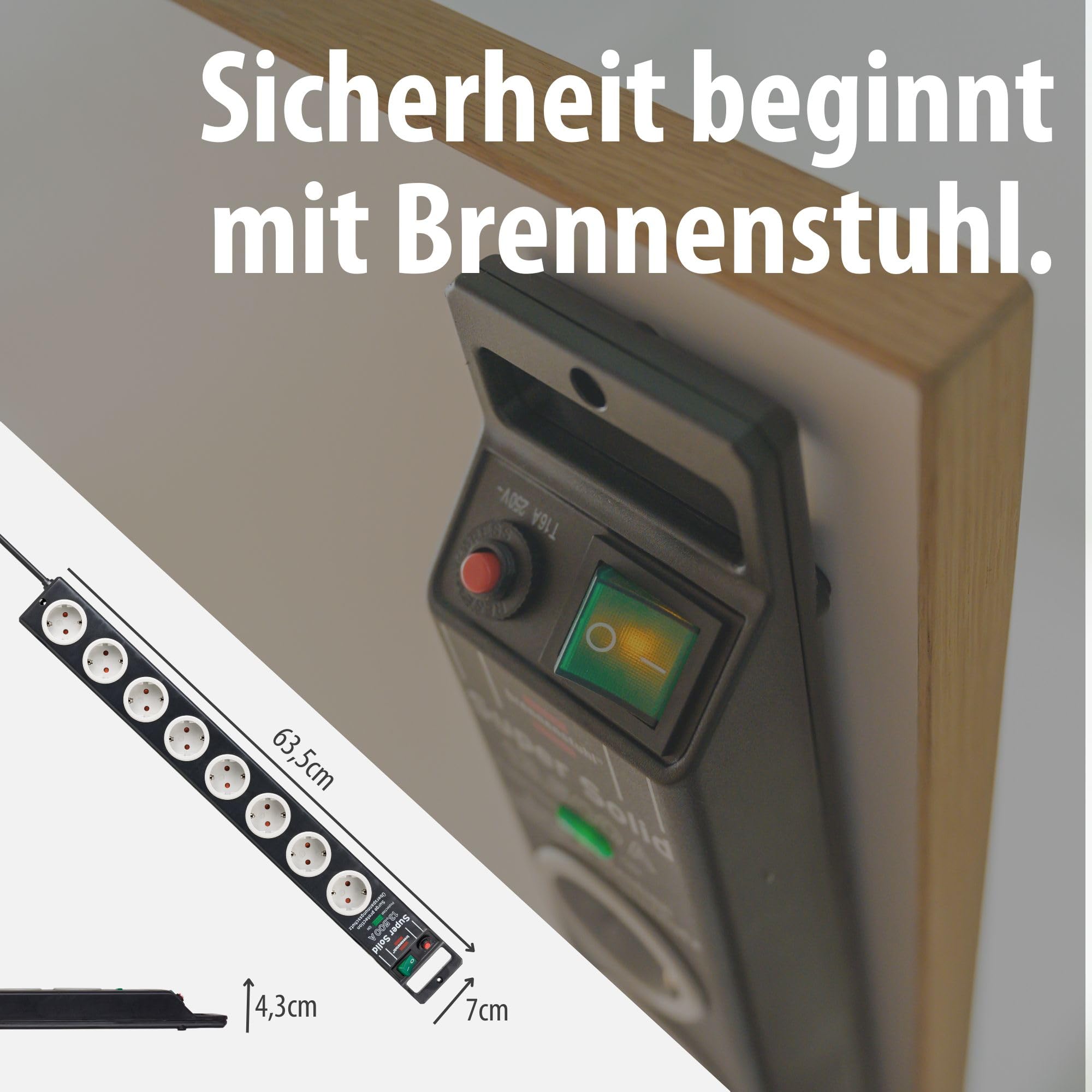 Brennenstuhl Super-Solid Steckdosenleiste 8-Fach mit Überspannungsschutz (Steckerleiste mit 2,5m Kabel und Schalter, Mehrfachsteckdose aus bruchfestem Polycarbonat) schwarz/grau