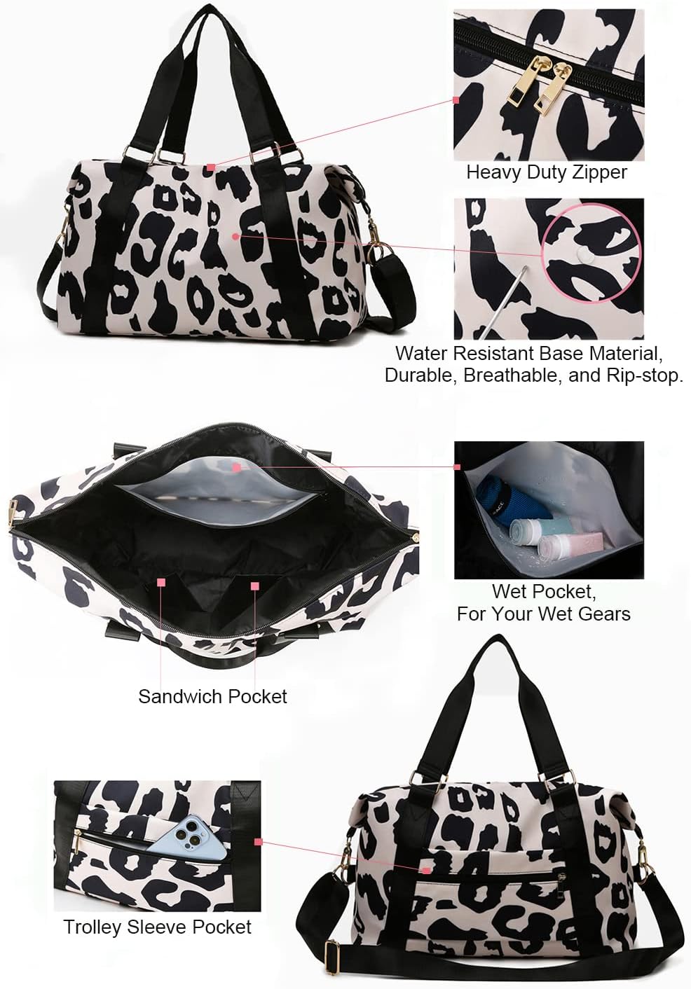 Weekender Duffel Sport Gym Bag Overnight Travel duffle Bags with Wet Pocket-Cow Print Black - Image 4