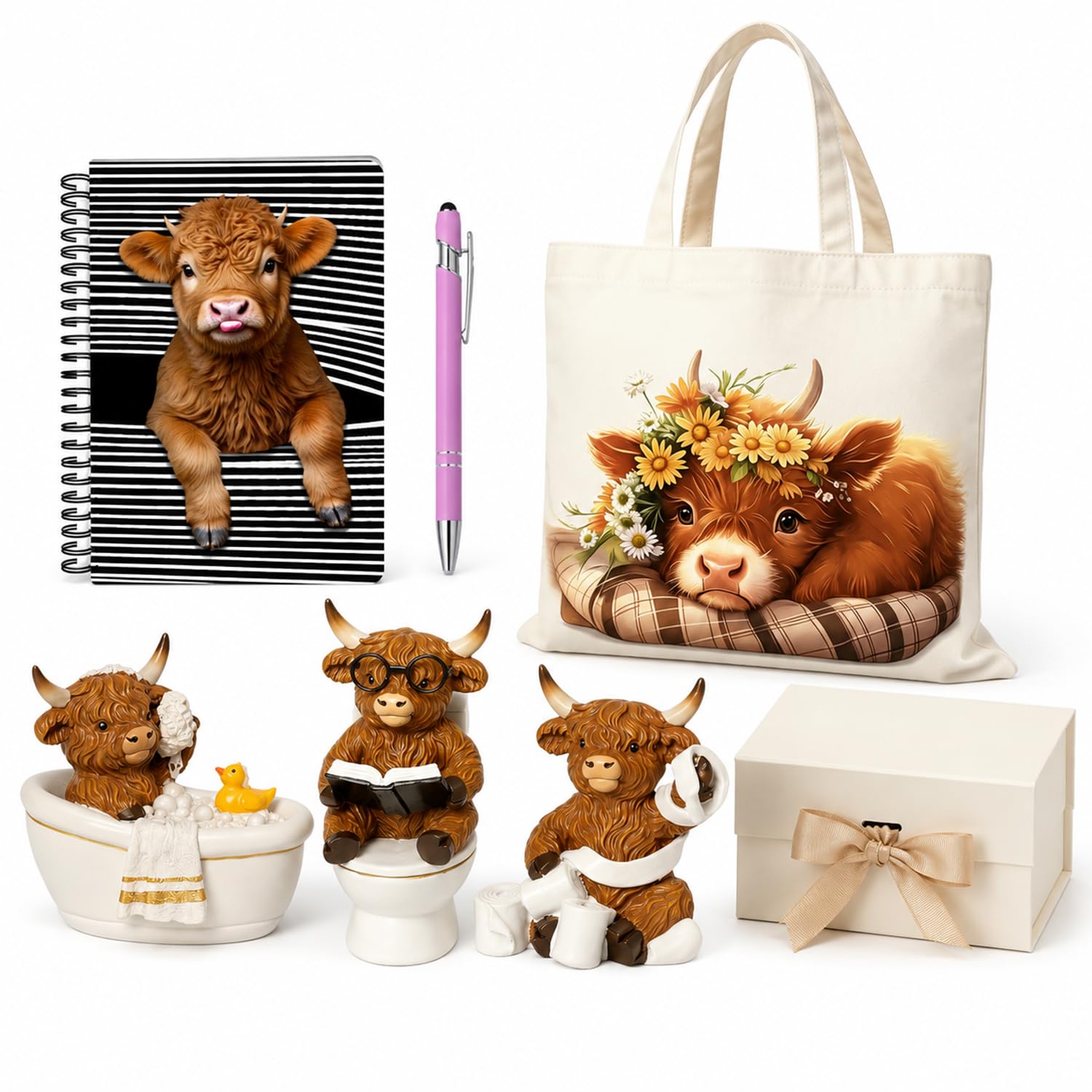 6 Pcs Highland Cow Gifts Set for Women, Includes A5 Lined Notebook, Writing Pen, 3 Miniature Cow Figures and Fabric Tote Bag with Gift Box, Scottish Themed Presents for Cow Lovers, Multicoloured