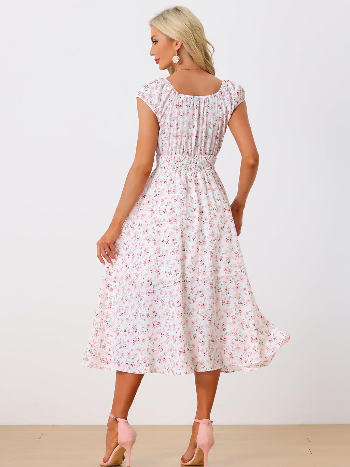 Allegra K Women's Floral Dresses Square Neck Puff Short Sleeves Flare Midi Dress - Image 4