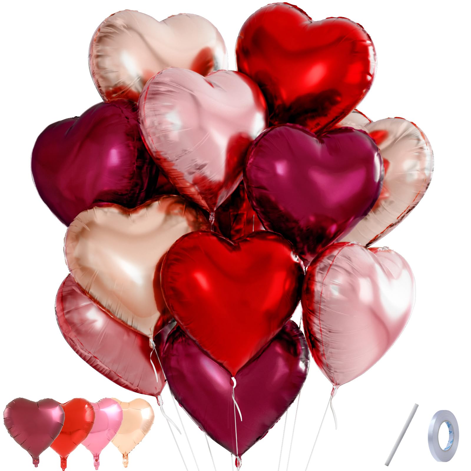 QIFU Red Pink Heart Balloons 12pcs, Dark Red Gold Pink Love Heart Balloons Valentines Balloon