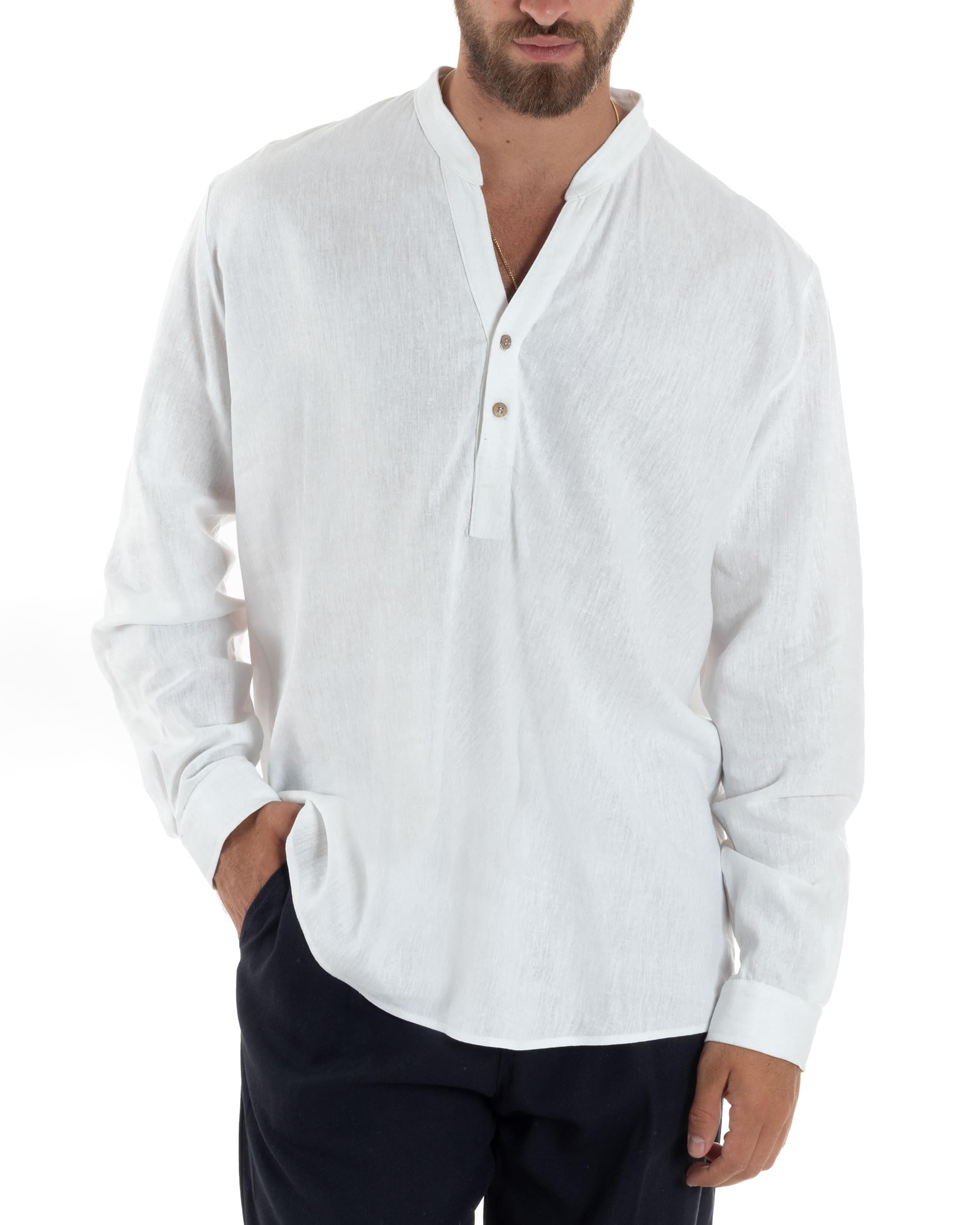 Camicia Maniche Lunghe Uomo Lino Regular Fit Collo Serafino alla Coreana Casual Tinta Unita Vari Colori
