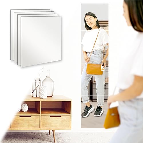 Espejo de pared de longitud completa para dormitorio, espejo largo para dormitorio, espejo sobre la puerta, 12 x 10 pulgadas, 4 piezas de azulejos