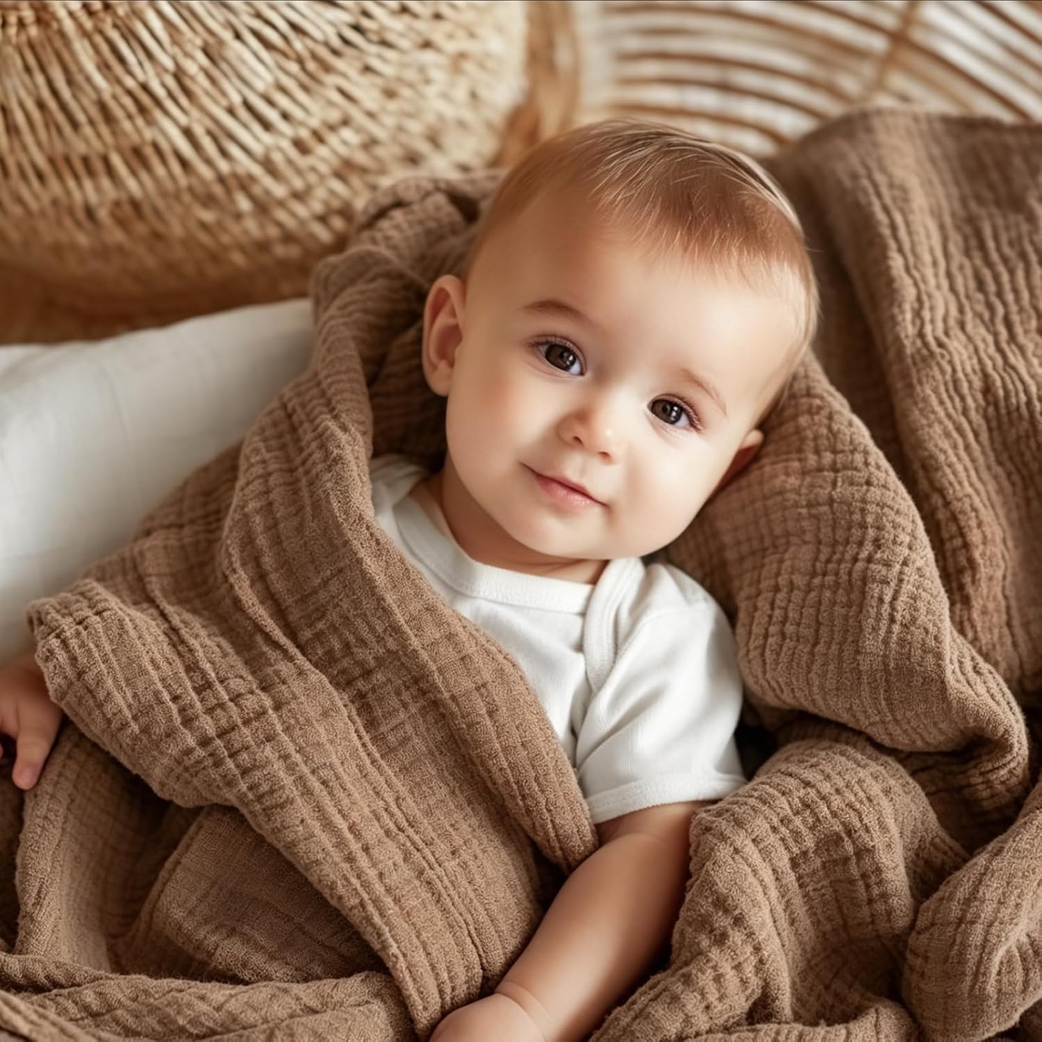 EMME Muslin Baby Blankets 100% Cotton 4-Layer Swaddle 40"x50" Lightweight Soft Breathable for Toddler, Infant, Newborn All Season Gauze Blanket, Brown thumbnail