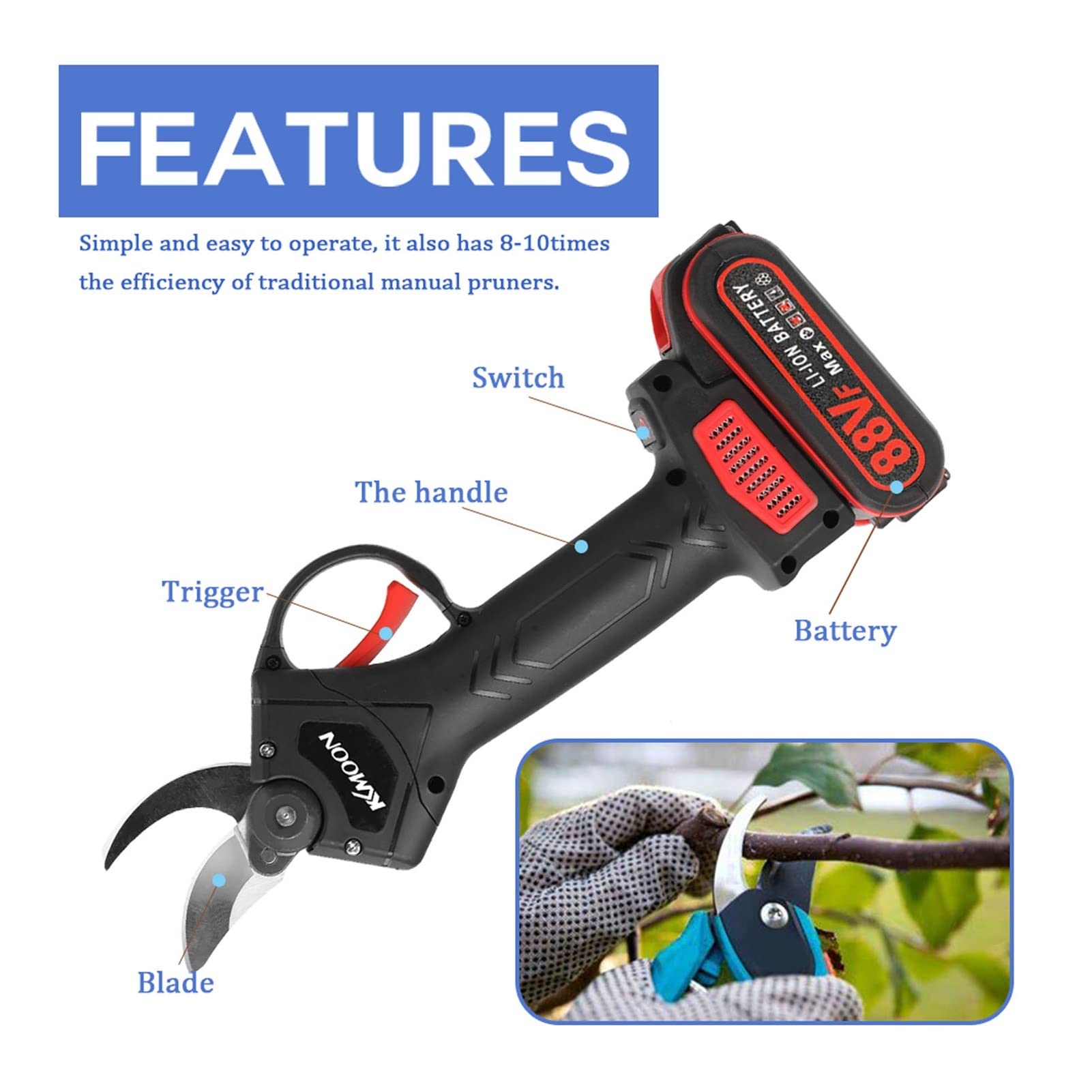 Tijeras de podar eléctricas, Tijera de podar eléctrica 21V, Motor sin escobillas 30mm, 88VF, juego cepillo 4 pulgadas, herramienta carpintería for huerto jardín