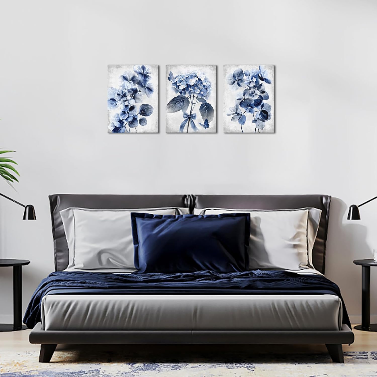 RyounoArt Blue Flower Pictures Navy Blue Hydrangea Wall Art Canvas Modern Floral Paintings for Bathroom Wall Decor 12 * 16 inch *3pcs