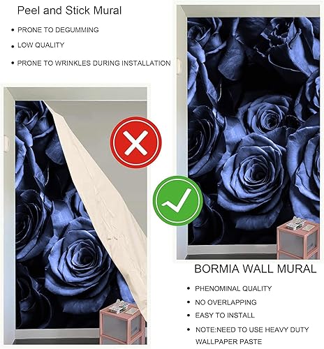 Miniatura 6 de Bormia - Mural de pared floral 3D de rosas azules murales de flores para paredes para sala de estar o dormitorio