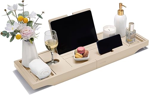 SMIRLY Bandeja de bañera de bambú expandible, bandeja de baño para bañera, accesorios de bañera, bandeja de bañera de madera, accesorios de baño,