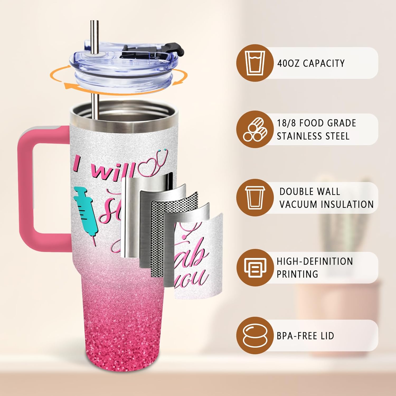 DUUV Nurse Gifts for Women, Nurse Tumbler Appreciation Gift for Graduation Retirement Birthday, Nurses Week Gifts for Christmas Thanksgiving, I Will Stab You Nursing 40 Oz Tumbler with Handle, 1PCS - Image 4