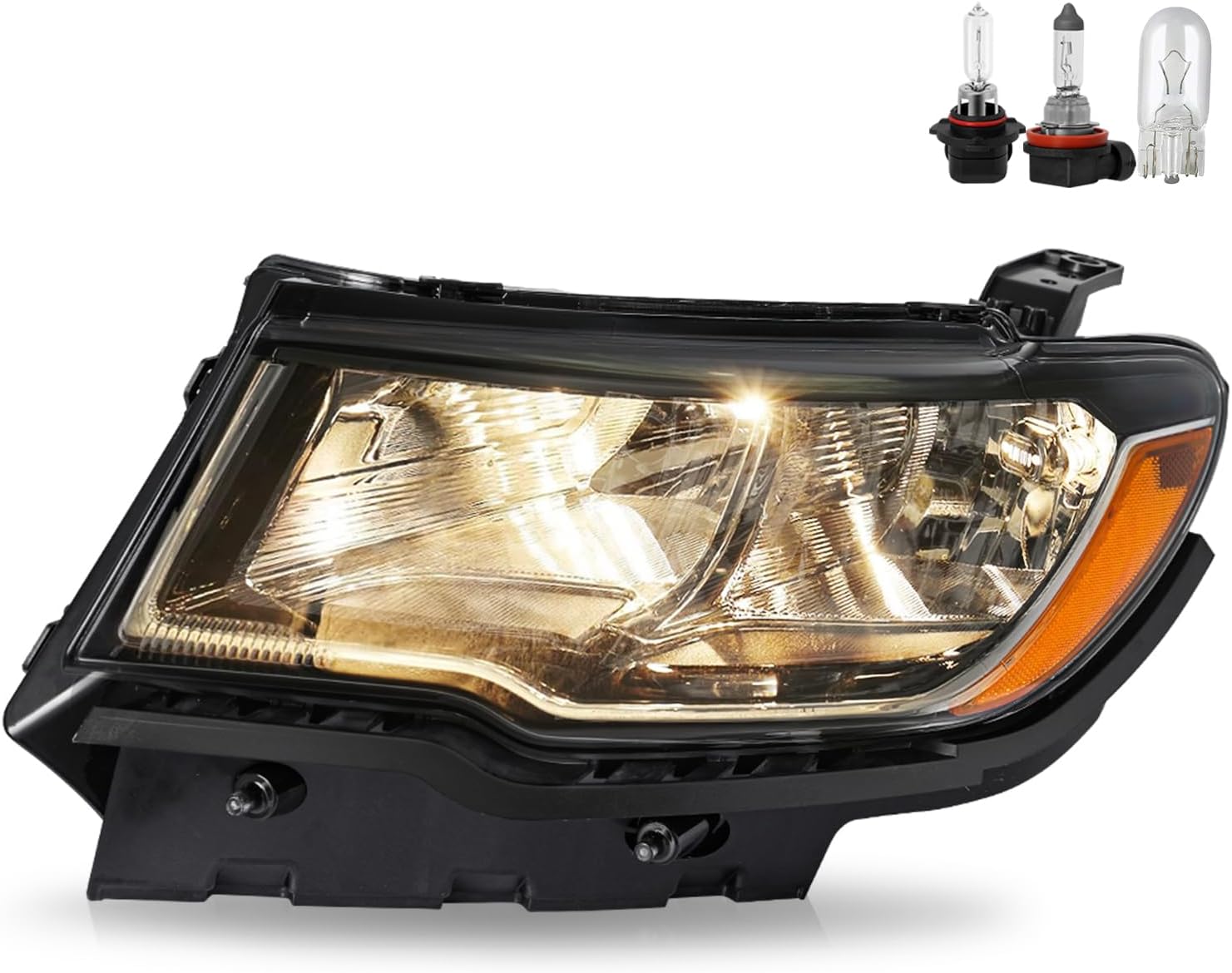 SOCKIR Headlight Assembly Compatible with 2017 2018 2019 2020 2021 Jeep Compass OE Headlamp Chrome Housing, Driver Side with High/Low Beam Bulbs