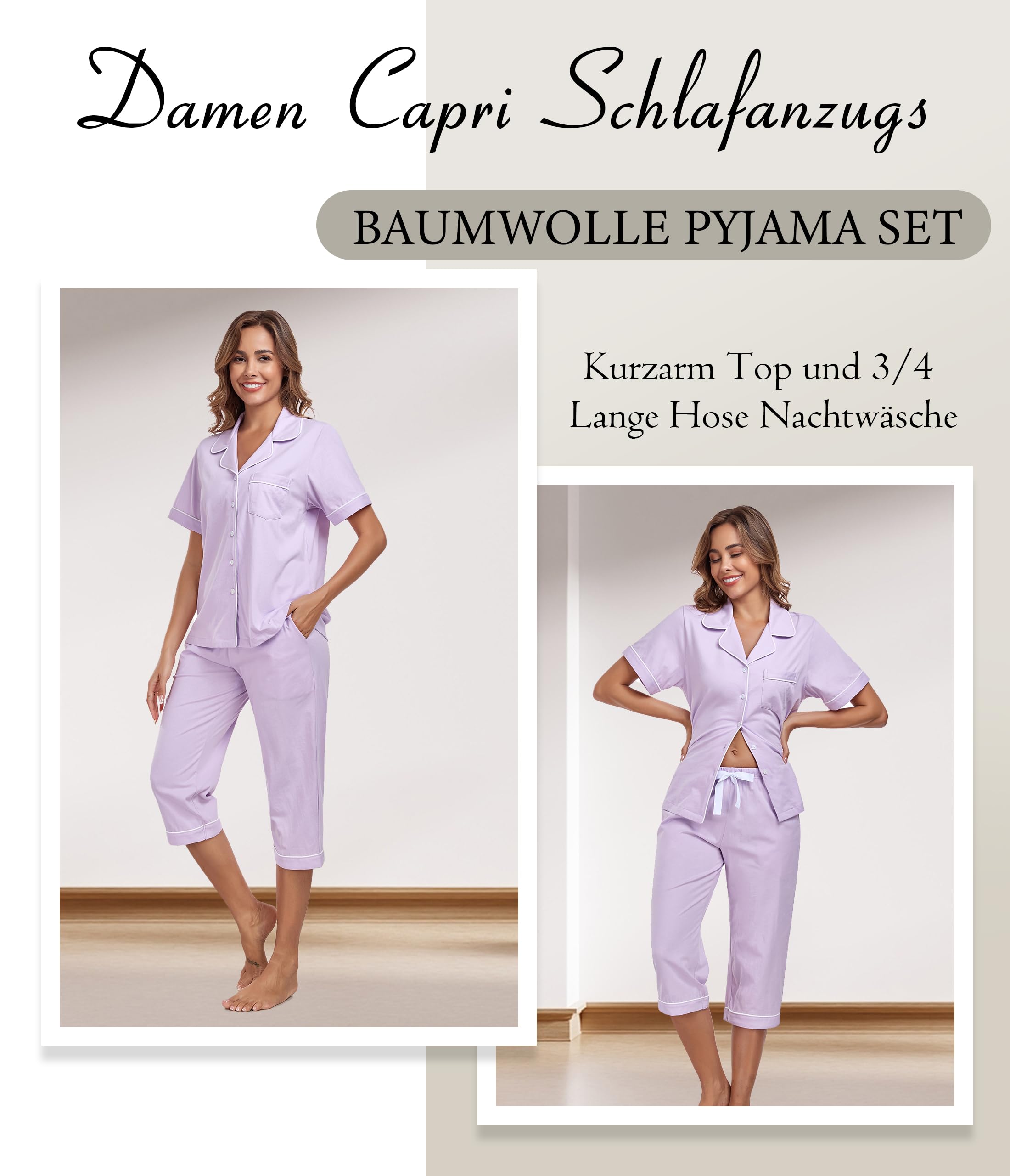 COLORFULLEAF Pigiama estivo da donna, in 100% cotone, 2 pezzi, a maniche corte e pantaloni lunghi a 3/4