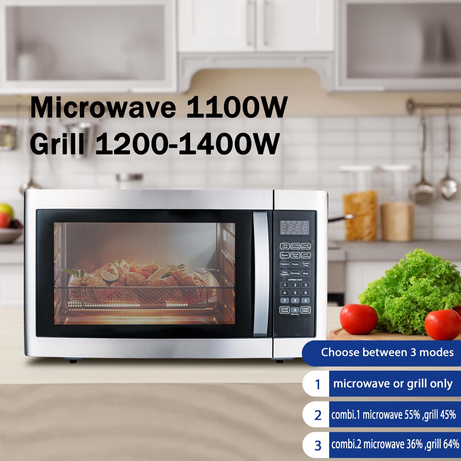 Smad Four à Micro-Ondes 42 Litres avec Multiples Modes de Cuisson Tout-en-Un, Inclus Grill, Combi et Décongélation, Micro-Ondes Combiné 1100W avec 11 Niveaux de Puissance, Grill 1400W, Design Moderne