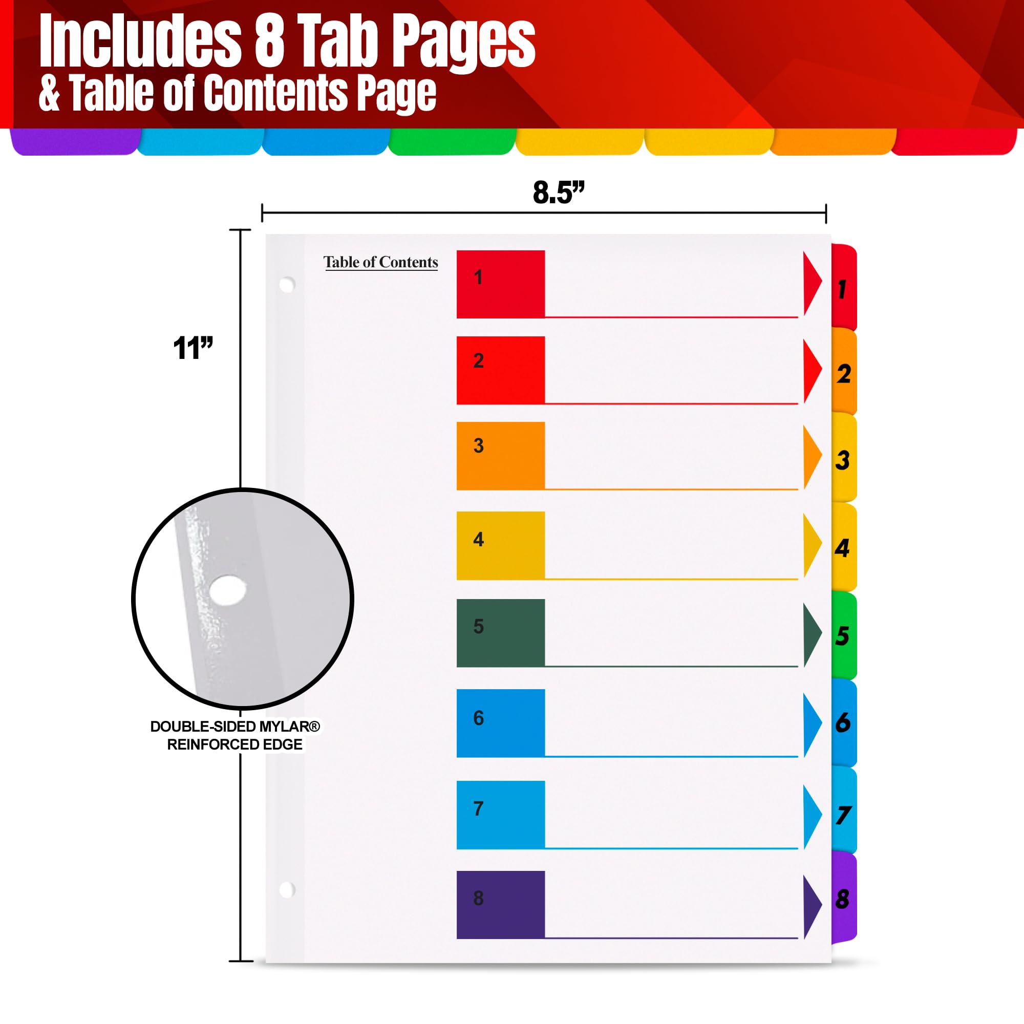 Separadores de pestañas para carpetas de 3 anillos – 6 juegos, 1-8 separadores de índice numerados con tabla de contenido – 8.5 x 11 pulgadas, 3 agujeros perforados – Divisores de carpeta para escuela