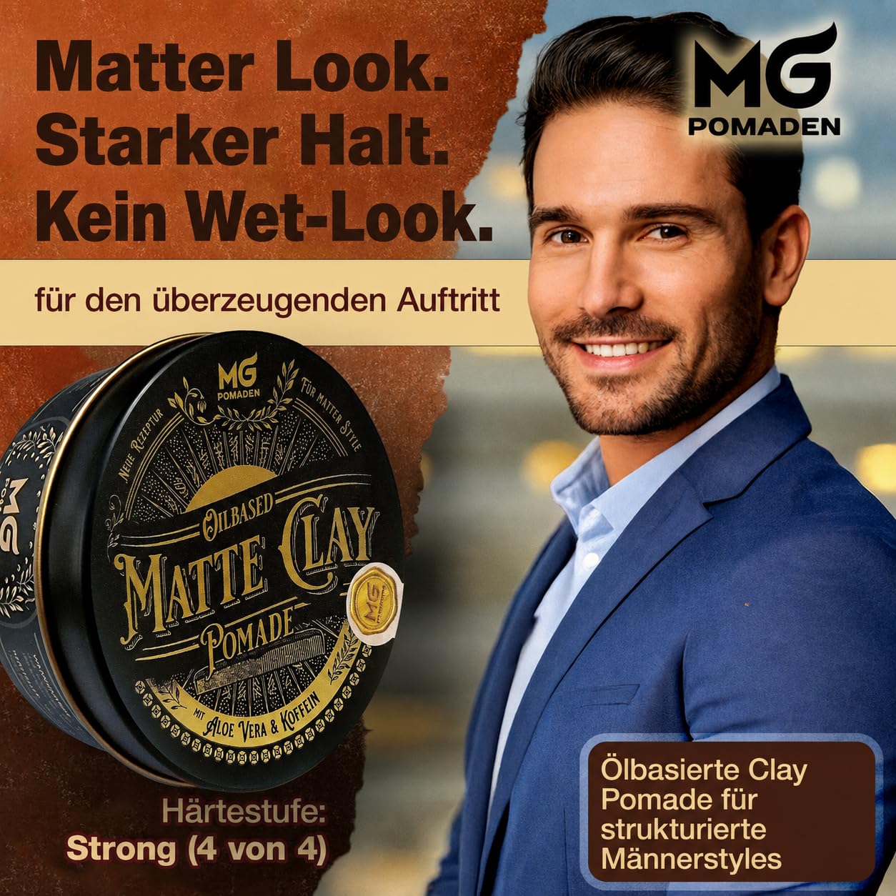 MG Pomade MATTE CLAY – glinka do włosów, mat, mocne utrwalenie | Pomada na bazie oleju z kofeiną i aloesem; odporna na wodę, do poprawiania fryzury i testowana dermatologiczni