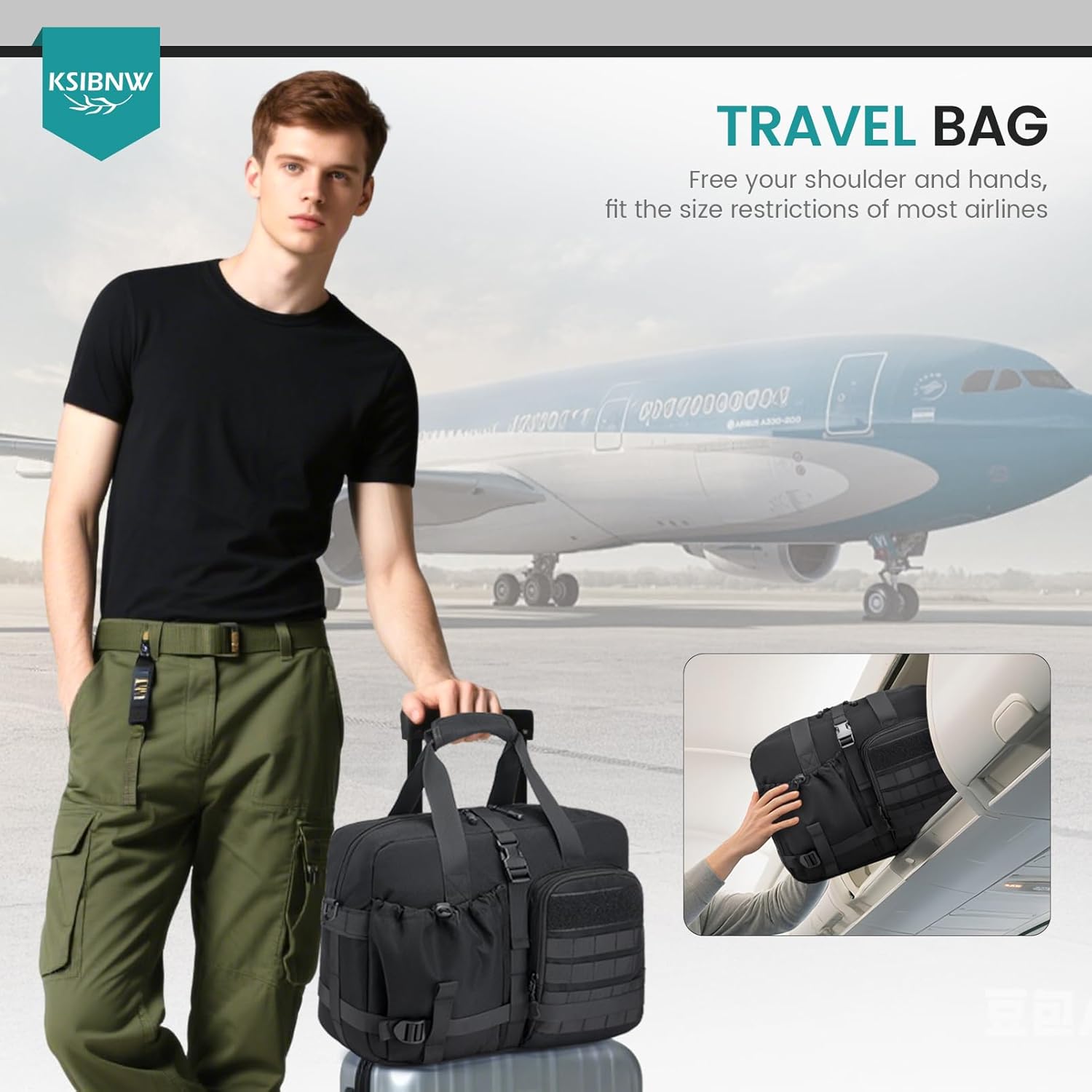 KSIBNW Personal Item Bag 40x30x15cm, Travel Duffle Bag 16x12x6 inch, Tote Carry on Luggage Under Seat for Airplanes Overnight Tactical Messenger Bags 15.6 inch Laptop Bags for Women and Men, Black