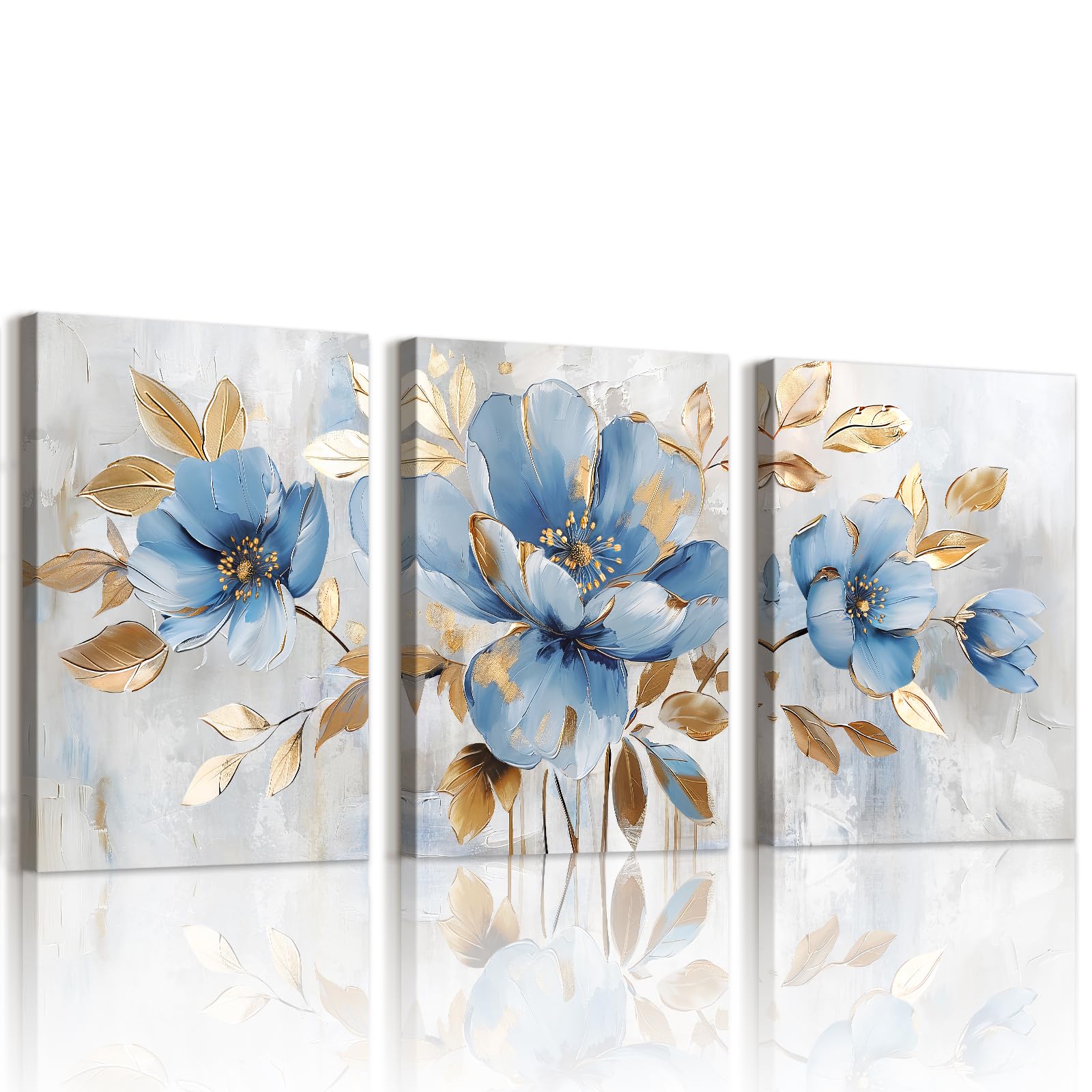 WENGTIAO Set of 3 Blue Gold Floral Canvas Wall Art Framed, Minimalist Abstract Blue Flowers with Golden Leaves Painting on Canvas for Modern Living Room Bedroom Wall Decor 30x40cmx3