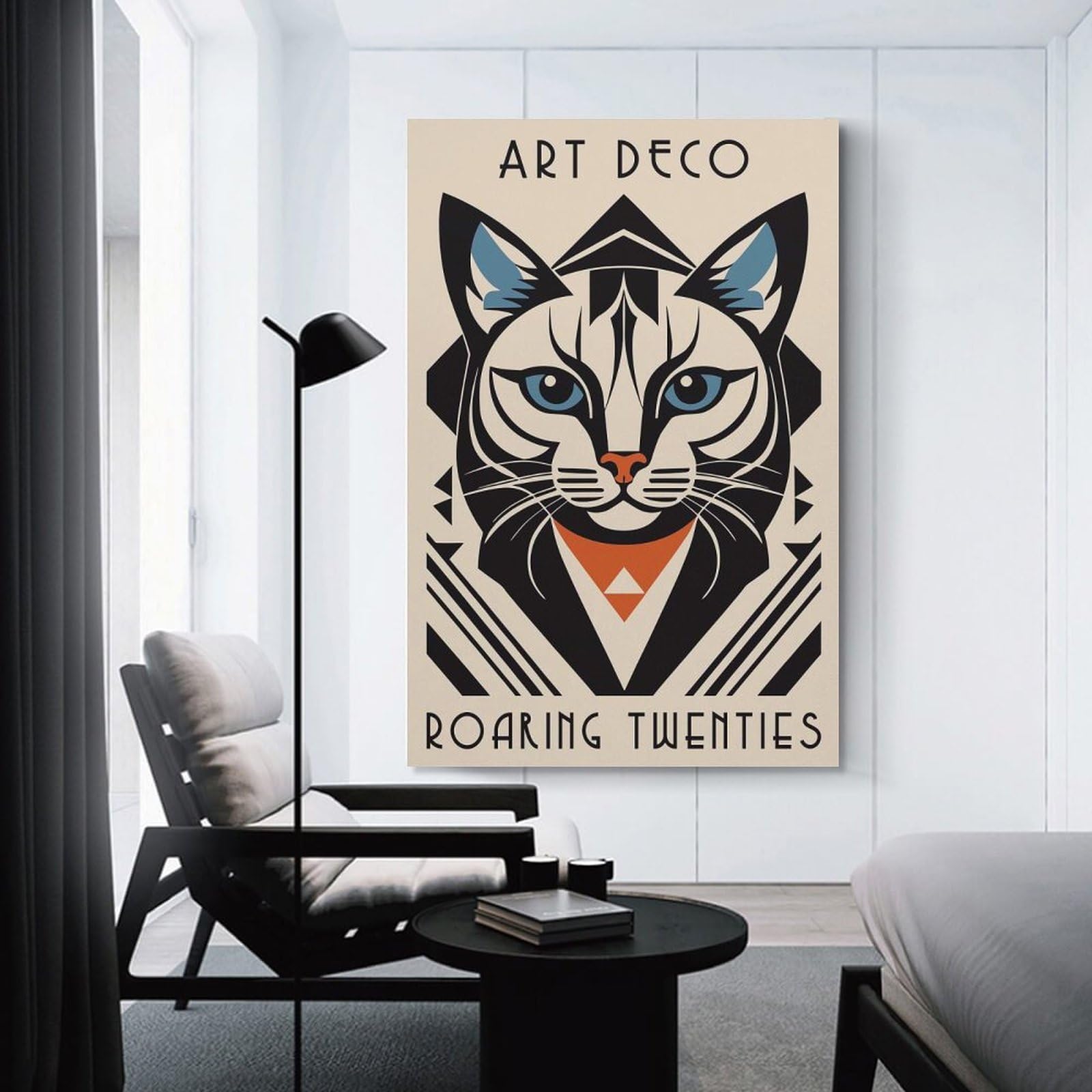 Junmoney Art Deco Cat Roaring Twenties Room Decor Wall Art, 08x12inch(20x30cm), for Home, Office, Studio Or Guest Room, Canvas Wall Art That Fits Changing Layouts