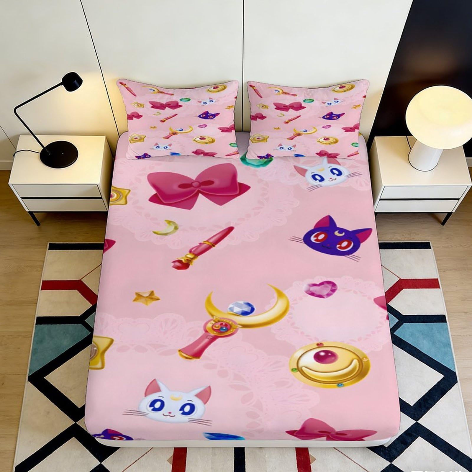 3D Printed Pink Cartoon Cat Fitted Sheet Microfiber Bedroom Bow Magic Wand Bed Cover for Mattress Decor 90x200x25cm