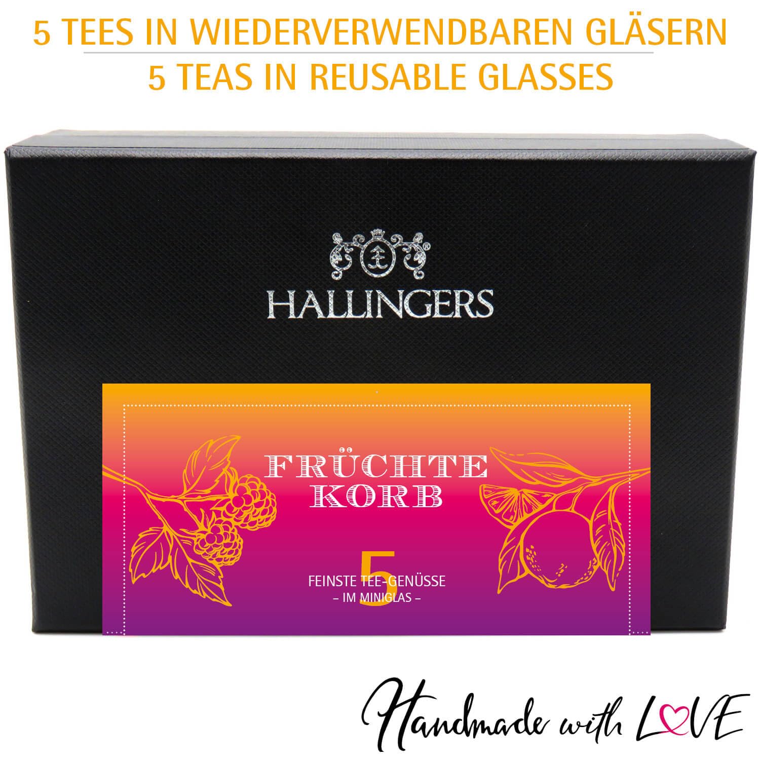Hallingers Genuss Manufaktur Tee Geschenk-Set - 5 Sorten premium loser Tee Probierset in edler Geschenkbox mit Rezept-Booklet "Früchtekorb", Geschenkidee für Frauen Männer
