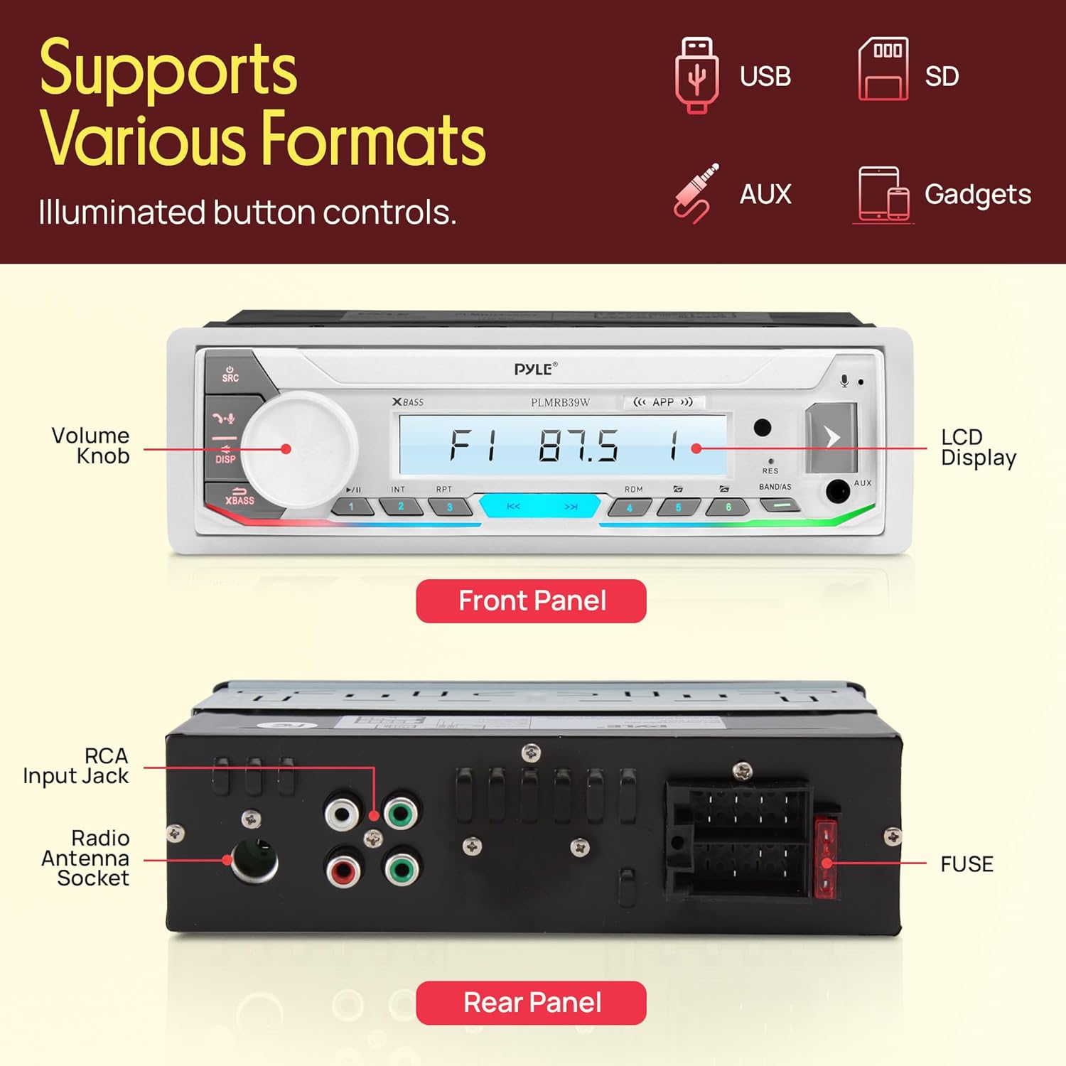 Pyle Marine Stereo Receiver Power Amplifier - AM/FM/MP3/USB/Aux/SD Card Reader Marine Stereo Receiver, Single Din, 30 Preset Memory Stations, LCD Display with Remote Control - PLMRB39W