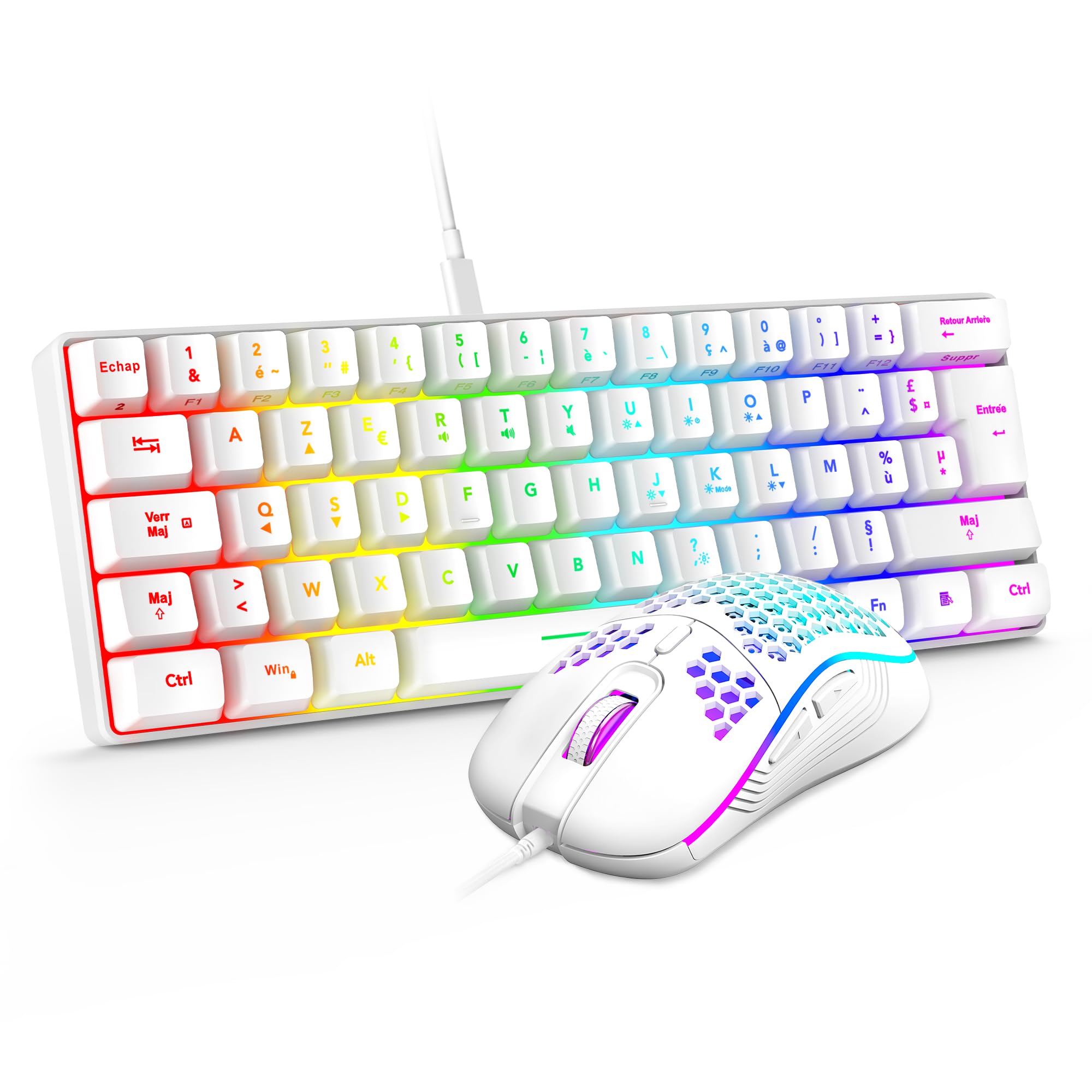RedThunder 60% Set di tastiera e mouse 2 in 1 Gamer, AZERTY FRANCESE, Mini tastiera ultra-compatta retroilluminata RGB 62 tasti, mouse leggero 6 pulsanti 7200 DPI per PC Mac PS5 Xbox (bianco)