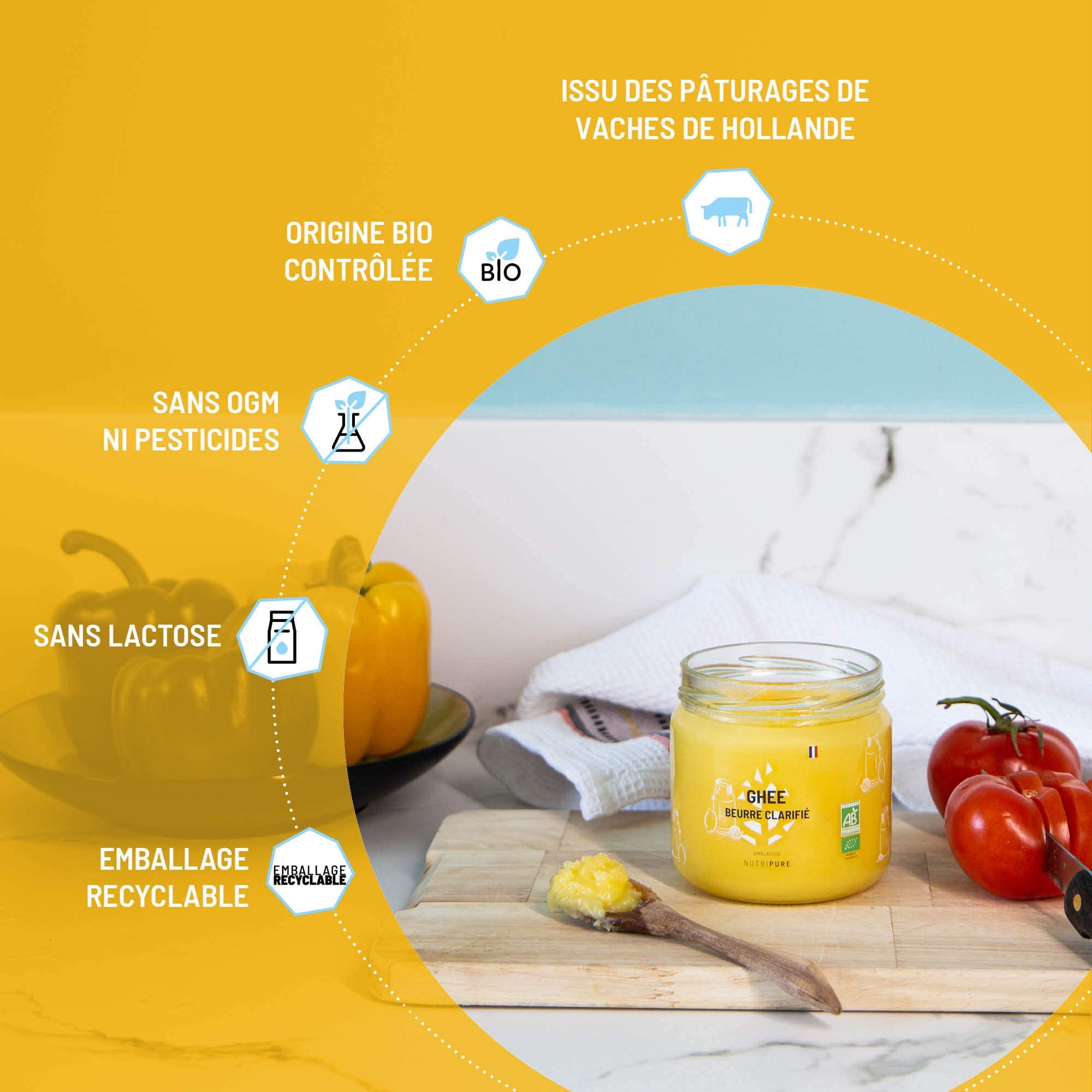 Nutripure | Ghee Bio | Mantequilla clarificada | Sin Lactosa | Sin caseína | Rico en vitaminas A y E | Ideal para cocinar a alta temperatura | Conservación a largo plazo | 300G