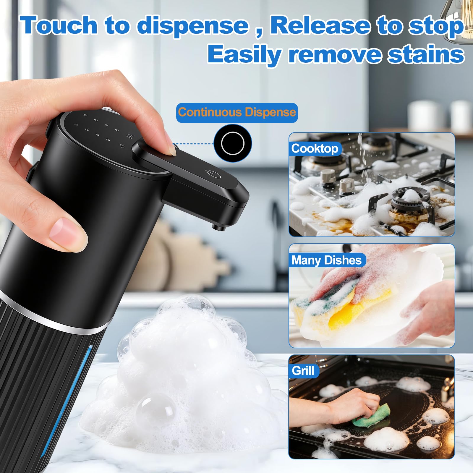 Automatischer Seifenspender, berührungslos, 4-stufiger, wiederaufladbarer Handseifenspender, 380 ml, Wandmontage, Arbeitsplatte für Badezimmer, Küche, Spülseife