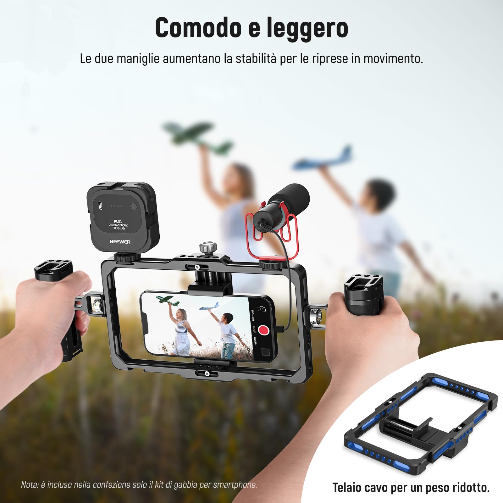 NEEWER Kit Phone Rig per Vlog Aggiornato, Stabilizzatore Video Cage con 2 Maniglie Slot per Mic Wireless Panno Pulizia per Video TikTok YouTube, Compatibile con iPhone Samsung Android SmallRig, PA009