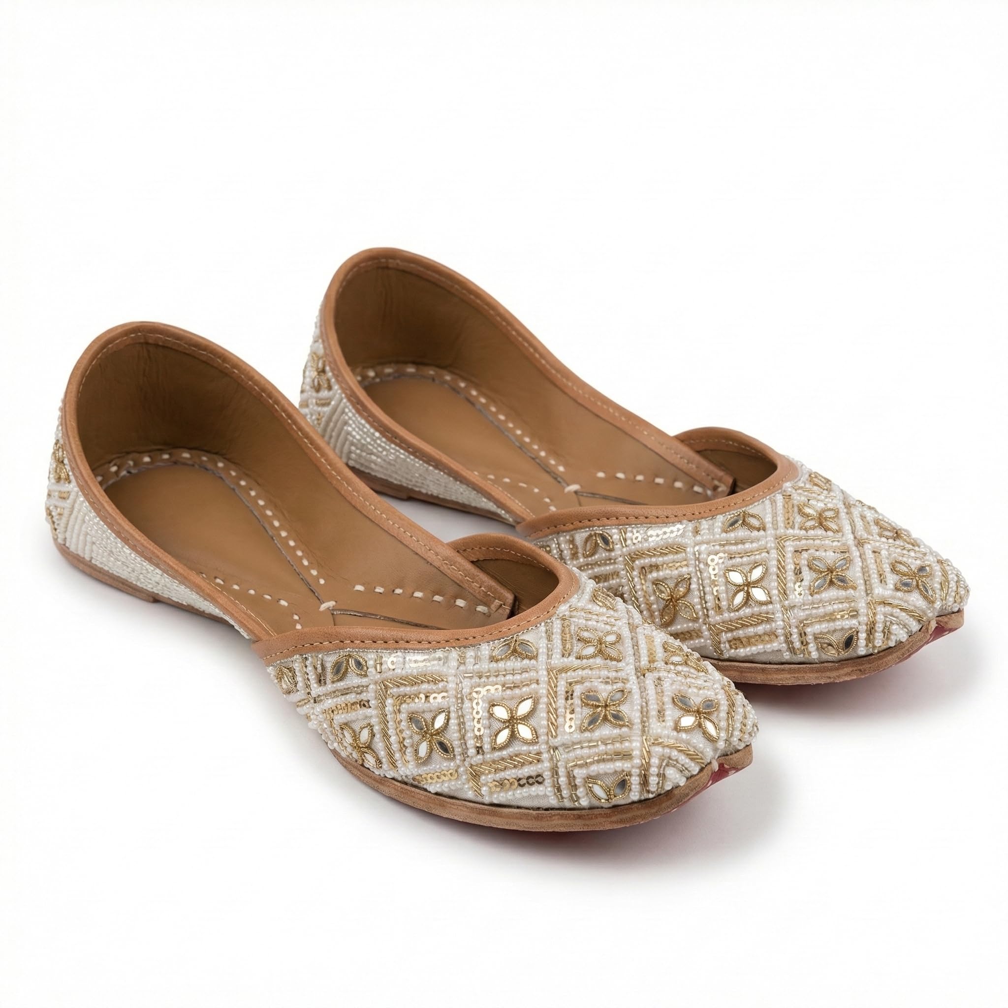 Sitara Off White Geometric Embroidered Punjabi Jutti for Women | Golden Thread, Pearls & Mirror Accents | Model B3-image-12