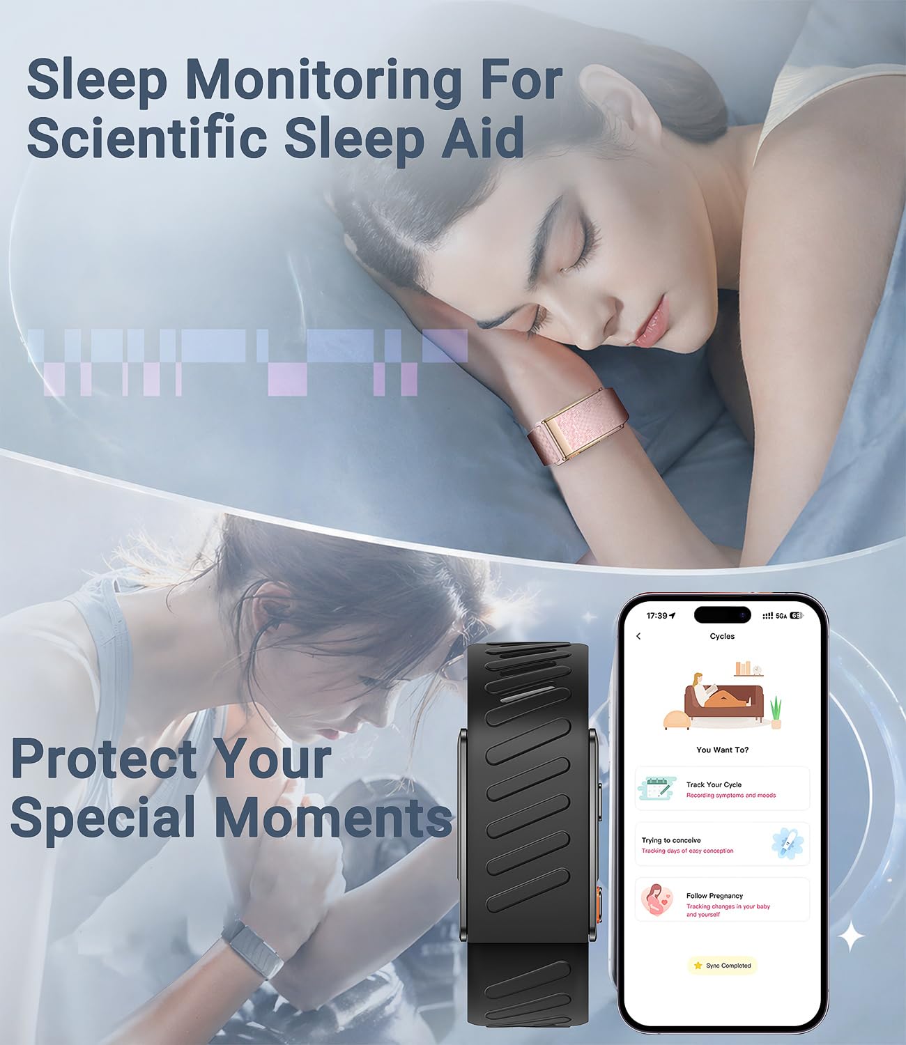 Smart Band, Fitness-Tracker mit EKG, HRV, SpO2, Schlafüberwachung, Pulsmessung, Schrittzähler Armband mit Temperaturmessung, 100+ Sportmodi, 3ATM wasserdicht, Fitness Armband kompatibel Android iOS