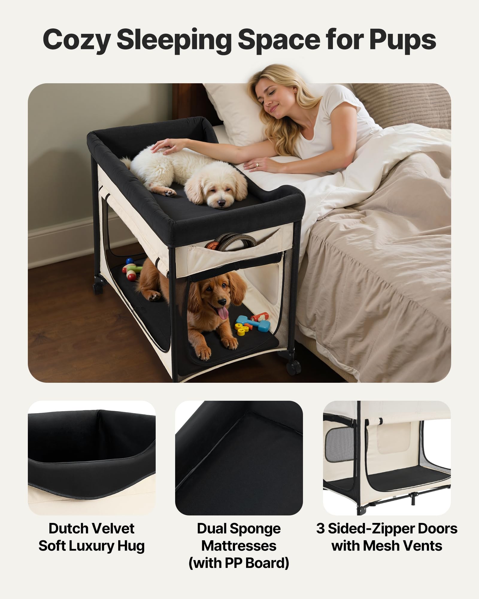 VEVOR Lit Surélevé pour Chiens Chats, Lit de Camp pour Animaux de Compagnie Pliable, Panier Chiens en Tissu Oxford 600D et Velours Hollandais, avec Roues et Pochettes Latérales, Taille XL, Beige