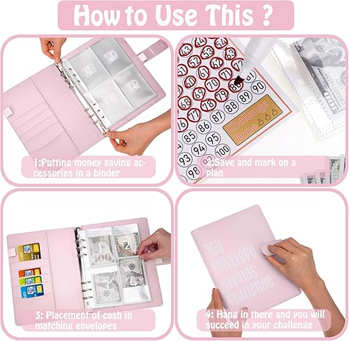 Vista 27 de Ndsox Carpeta de desafíos de ahorro de dinero con 100 sobres, carpeta de presupuesto A5 con sobres de efectivo, libro de desafíos de ahorro