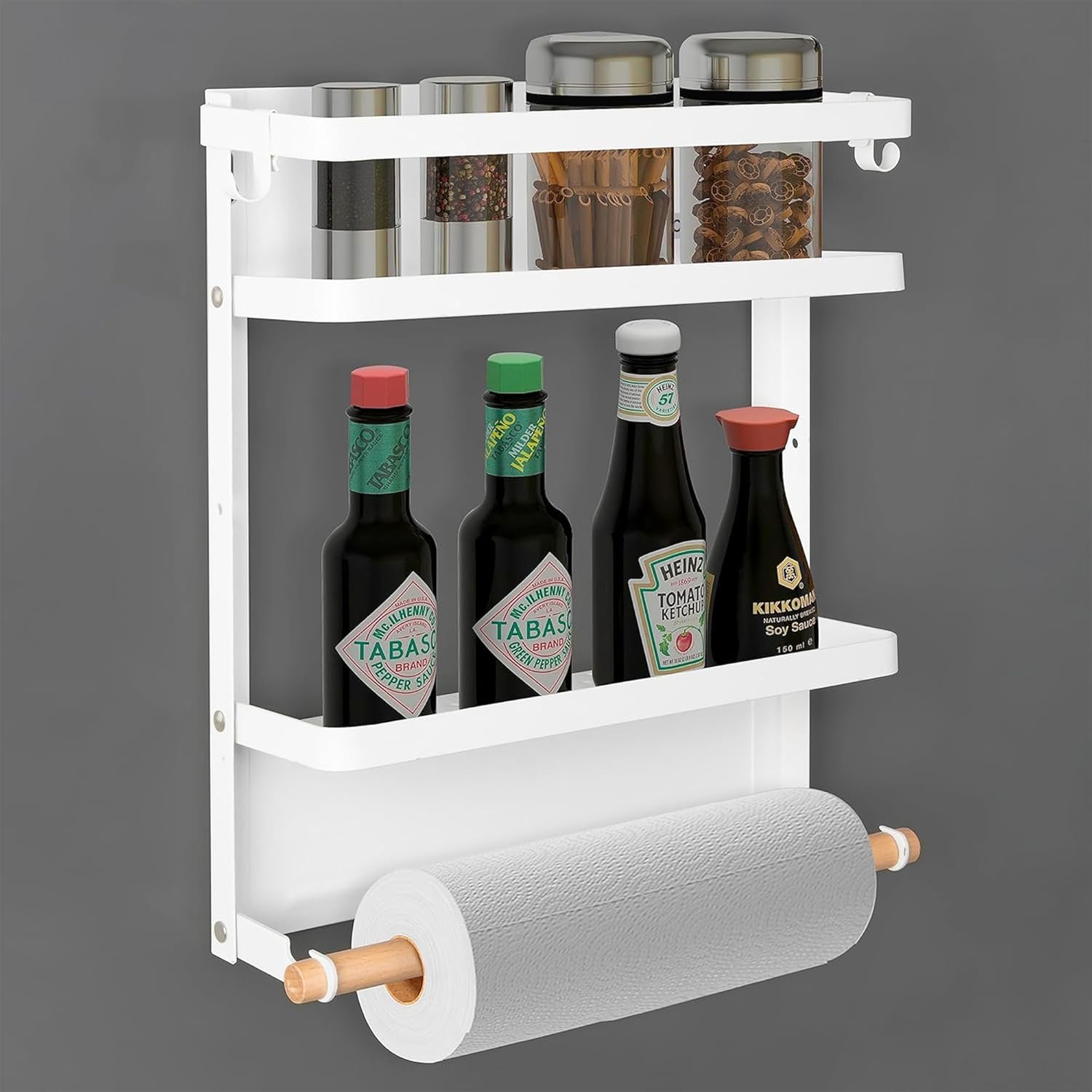 Urbane Home 2 Tier Iron Fridge Side Rack with Single Wooden Towel/Tissue Holder Magnetic Kitchen Organizer Shelf for Refrigerator & Bathroom | White Urbane Home 2 Tier Iron Fridge Side Rack with Single Wooden Towel/Tissue Holder Magnetic Kitchen Organizer Shelf for Refrigerator & Bathroom | White