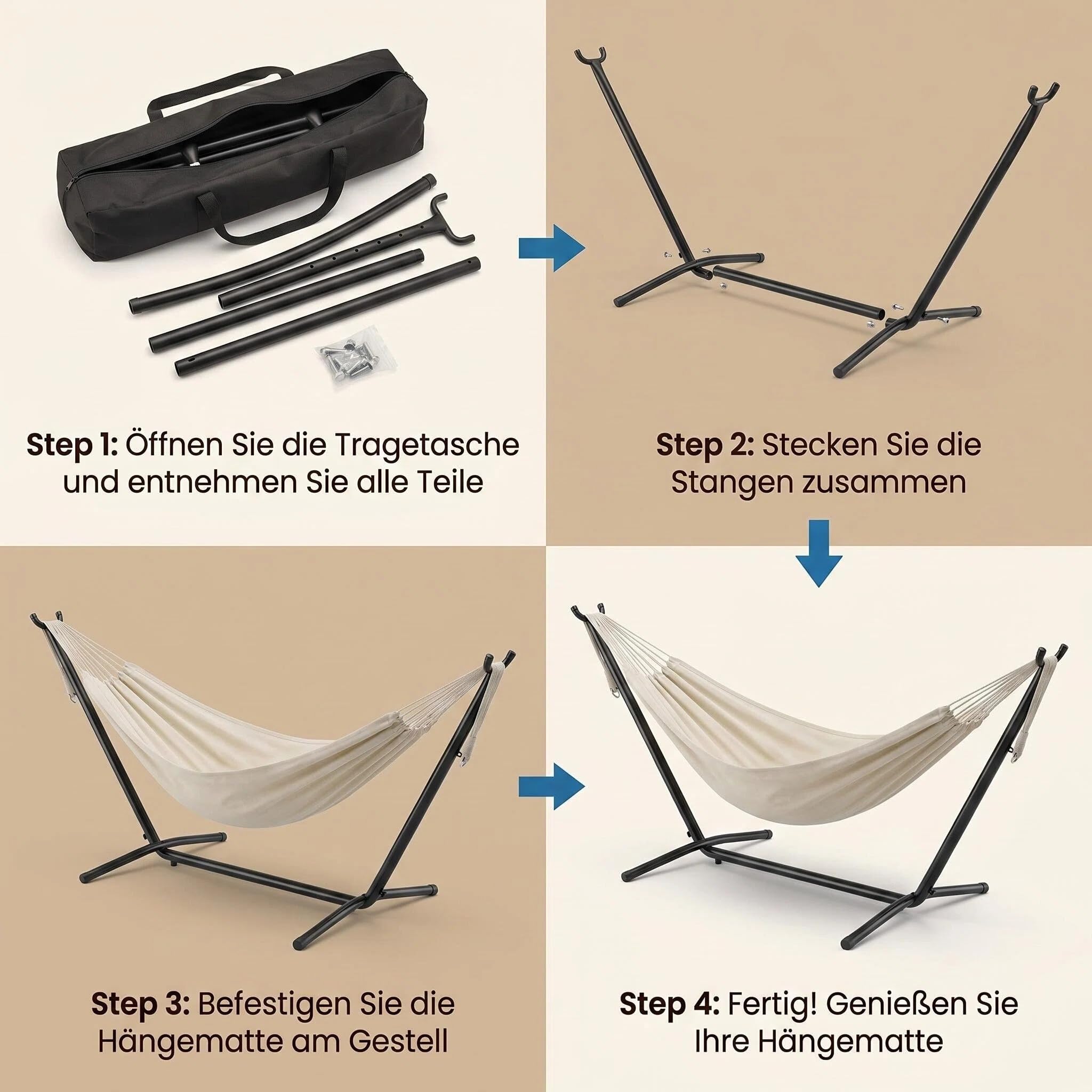 Doppel Hängematte mit pulverbeschichtetem Stahlgestell bis 200 kg Belastbar | 213x150cm Liegefläche Outdoor Garten Balkon Camping Hängematten-Set inkl. Oxford Tragetasche