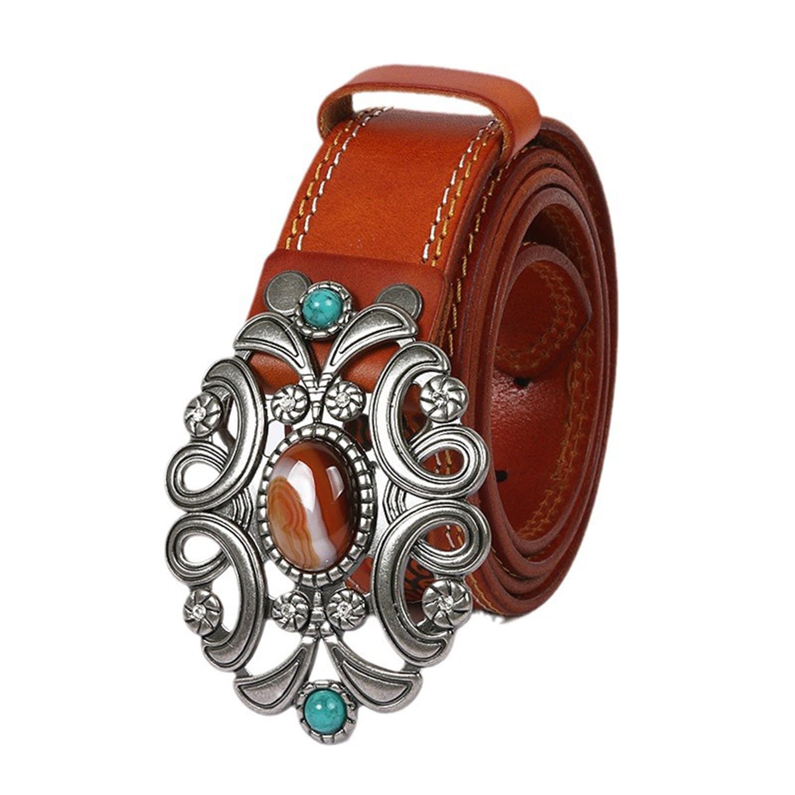 Generico Western Cintura con Fibbia a Scatto in Rilievo Fibbia Ovale con Perlina Turchese Stile Country Cinturino in Pelle con Incisione Floreale(105cm/41, Brown)