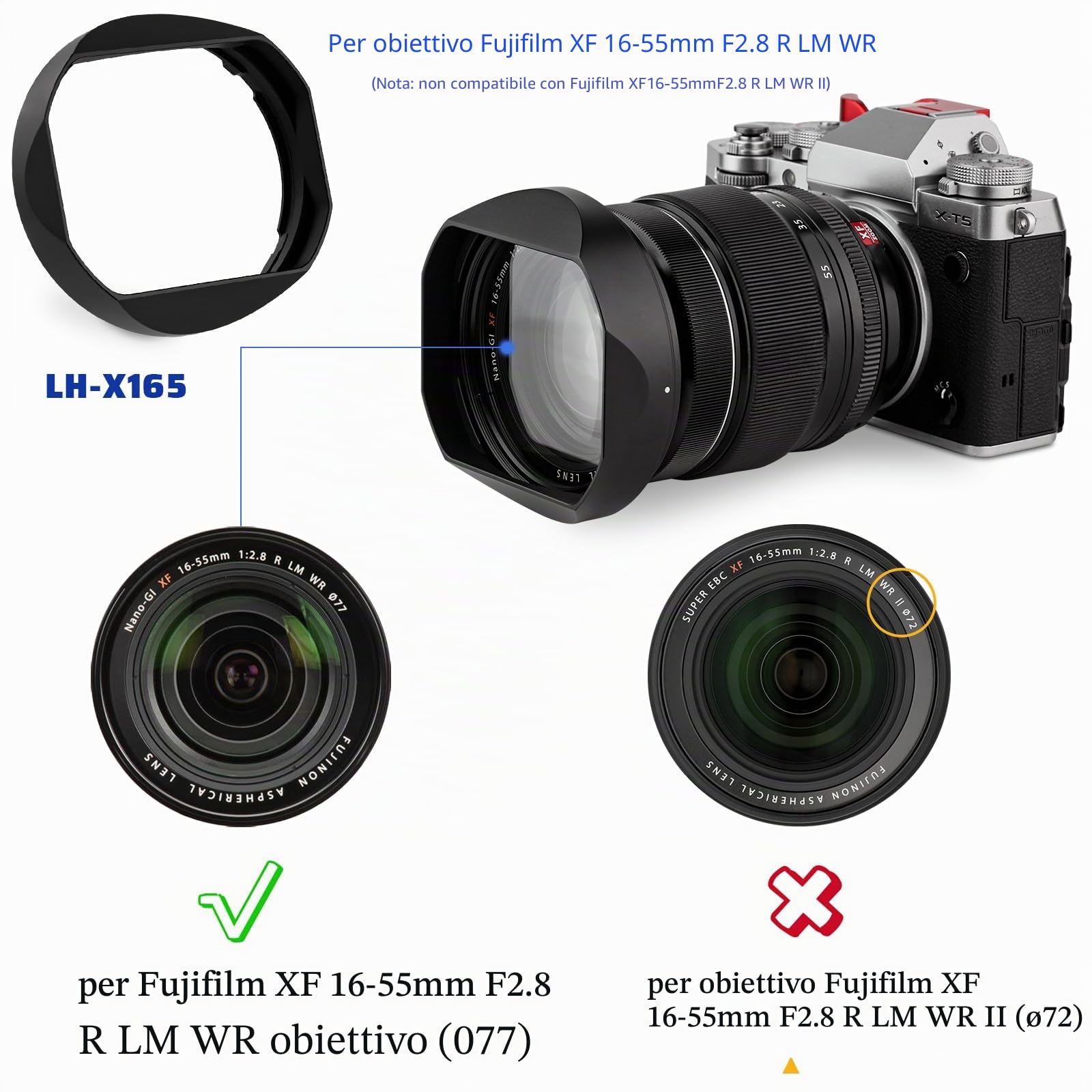 Haoge LH-X165 Paraluce quadrato in metallo per Fujifilm Fuji Fujinon XF XF16-55mm F2.8 R LM WR obiettivo xf16-55mm/f2.8 obiettivo con kit tappo in metallo