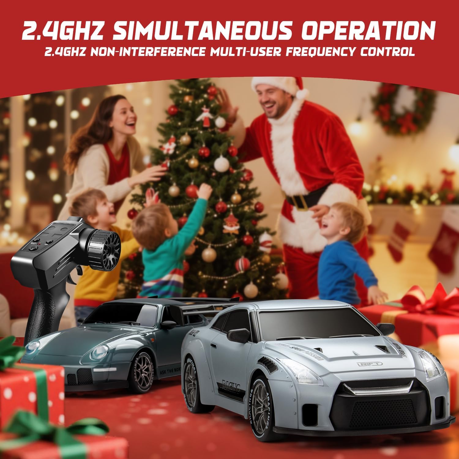 RC Drift Car, 1:24 Scale Remote Control Vehicle with LED Lights, 2.4GHz 20KM/H 4WD High Speed RC Cars, Drifting Tires＆Two Batteries, Racing Sports Toy Idea Gift for Adults Boys Girls and Kids