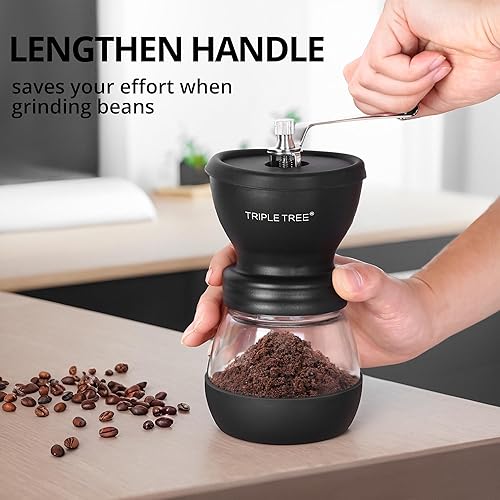 Miniatura 5 de Molinillo de café manual con rebabas de cerámica y mango de acero inoxidable alargado, molinillo de café de mano con 2 frascos de vidrio (11 onzas