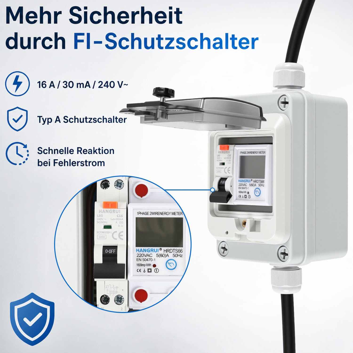 Contatore di corrente mobile 230V 16A protezione FI Schuko per campeggio | Indicatore LED con funzione di memoria, pulsante di reset e cavo da 3 m per campeggio, garage e camper