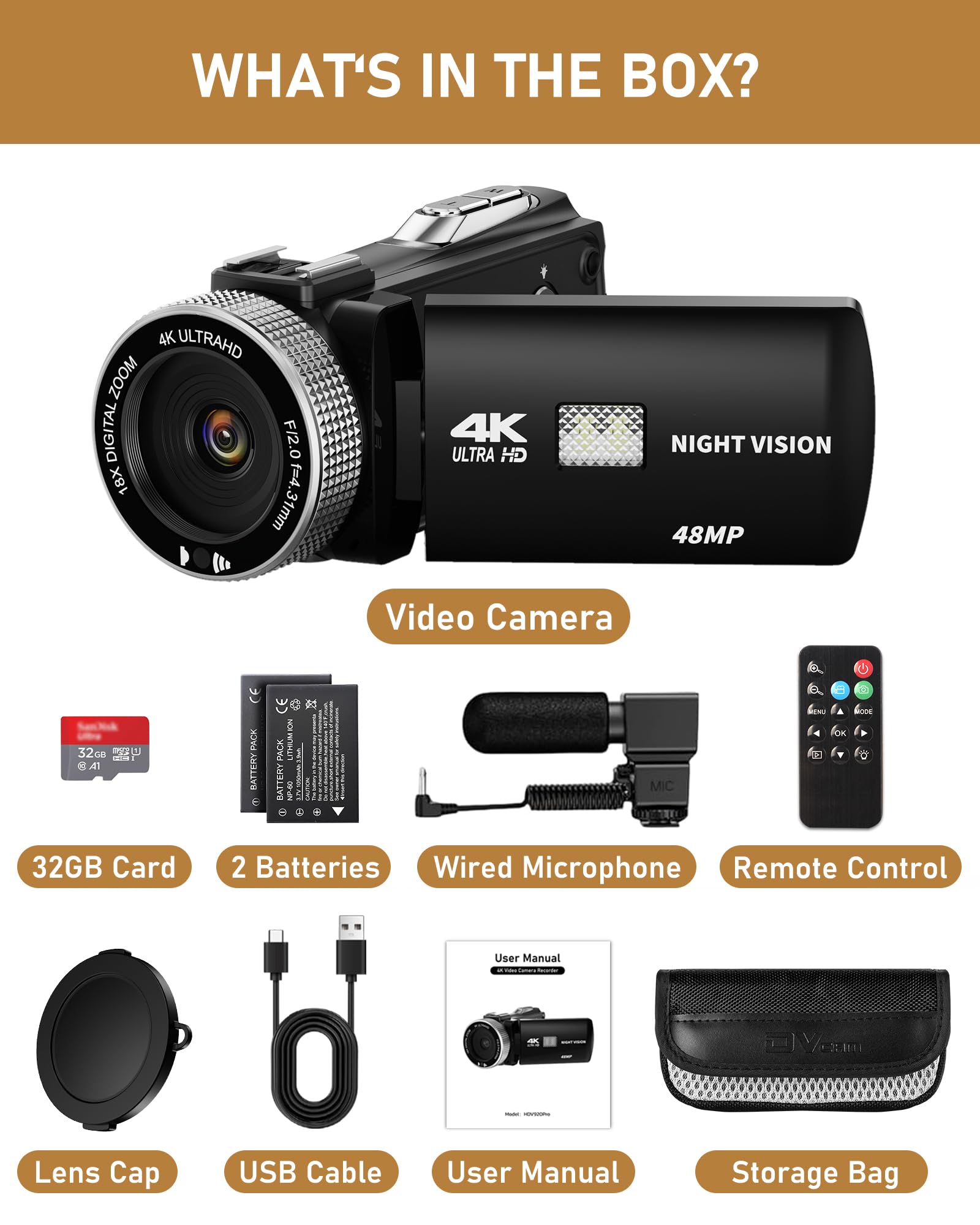 Videocamera 4K 48MP con Visione Notturna IR, Zoom Digitale 18X 3.0'' Rotazione 270° Touchscreen Vlogging Camera per YouTube, Camcorder con Telecomando, Microfono, Scheda TF da 32 GB, 2 Batterie