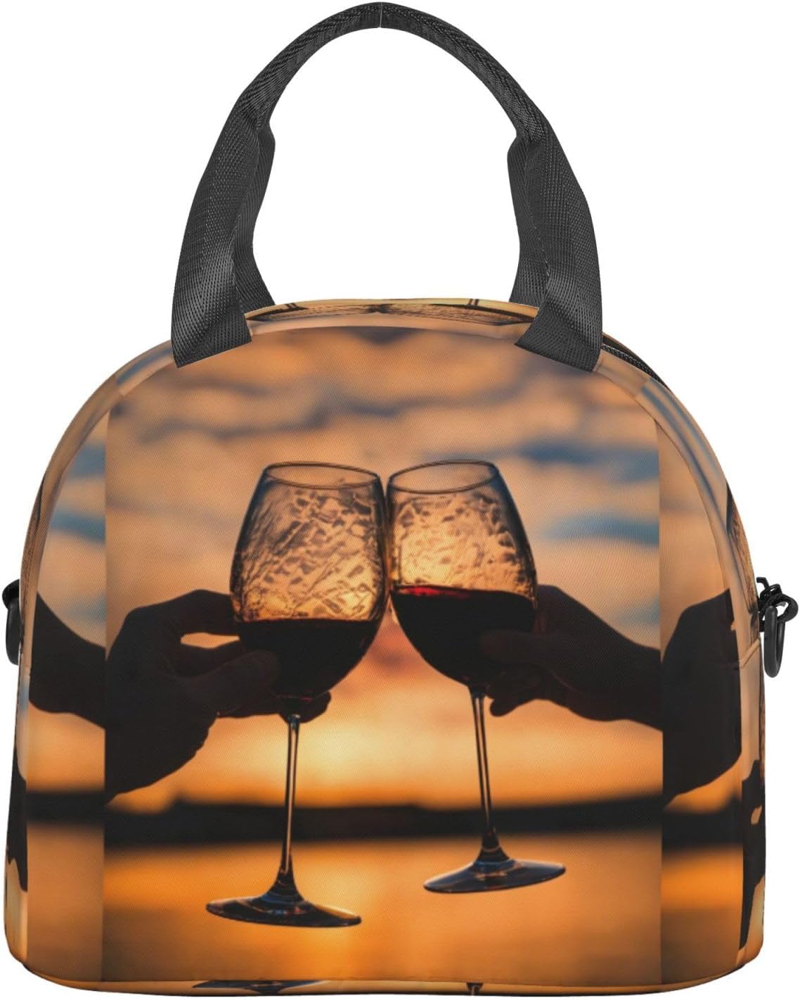 Red Wine Glass Cheers Print Reusable Lunch Bag Insulated Lunch Boxes for Office Work Picnic Tote Bag Adjustable