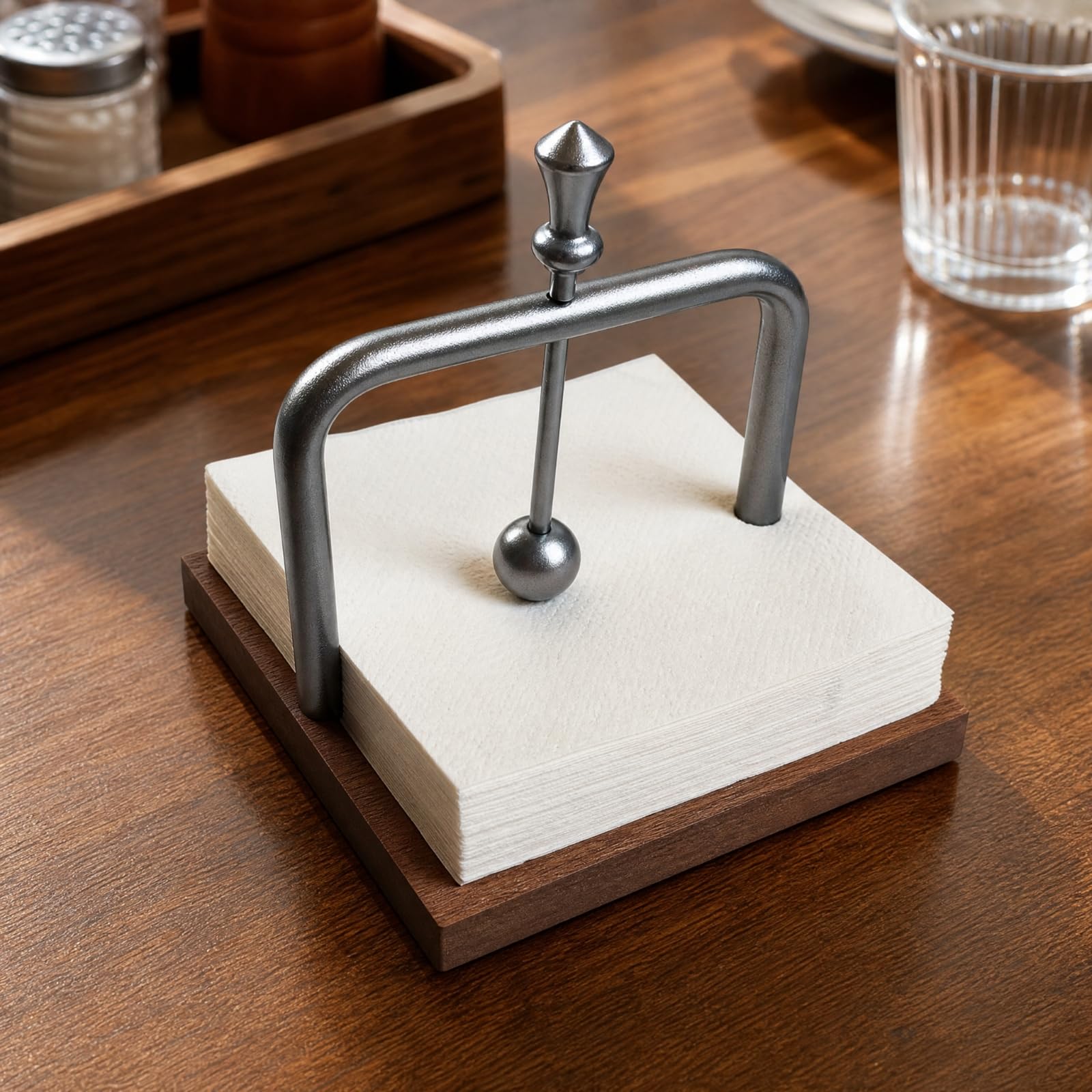 Servilletero con Base Madera Madera Africana Moderno Servilletero Mesa Cuadrado Elegante Servilletas con en U Metal para Hoteles, Gris