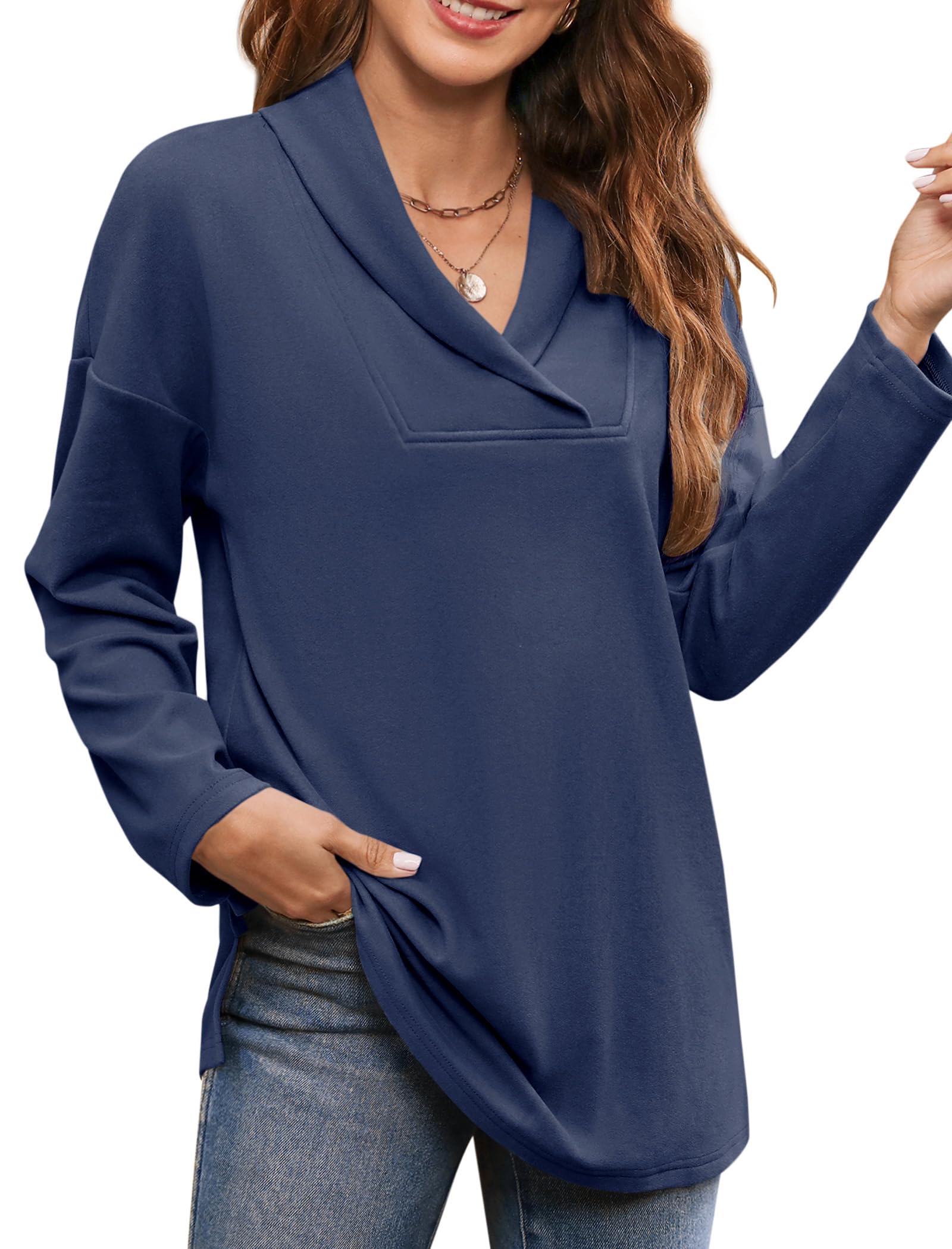 Women's Long Sleeve Tops Fall Shawl Neck Tunic Tops for Leggings Casual Blouse Sweatshirt