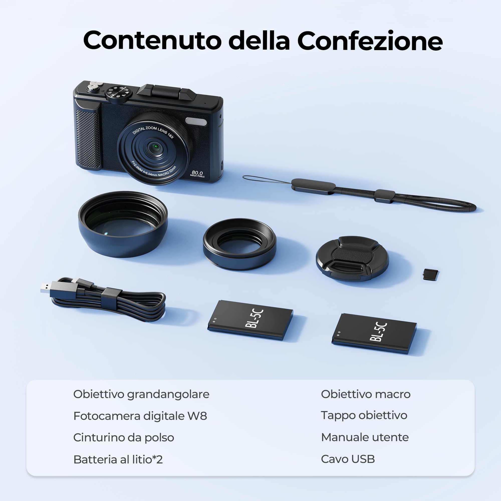 Fotocamera Digitale 5K 80MP WiFi & Autofocus, Videocamera Vlogging per YouTube, Schermo 3" 180° Ribaltabile, Zoom 18X, Compatta da Viaggio per Principianti e Ragazzi, incl. Scheda 64GB e 2 Batterie
