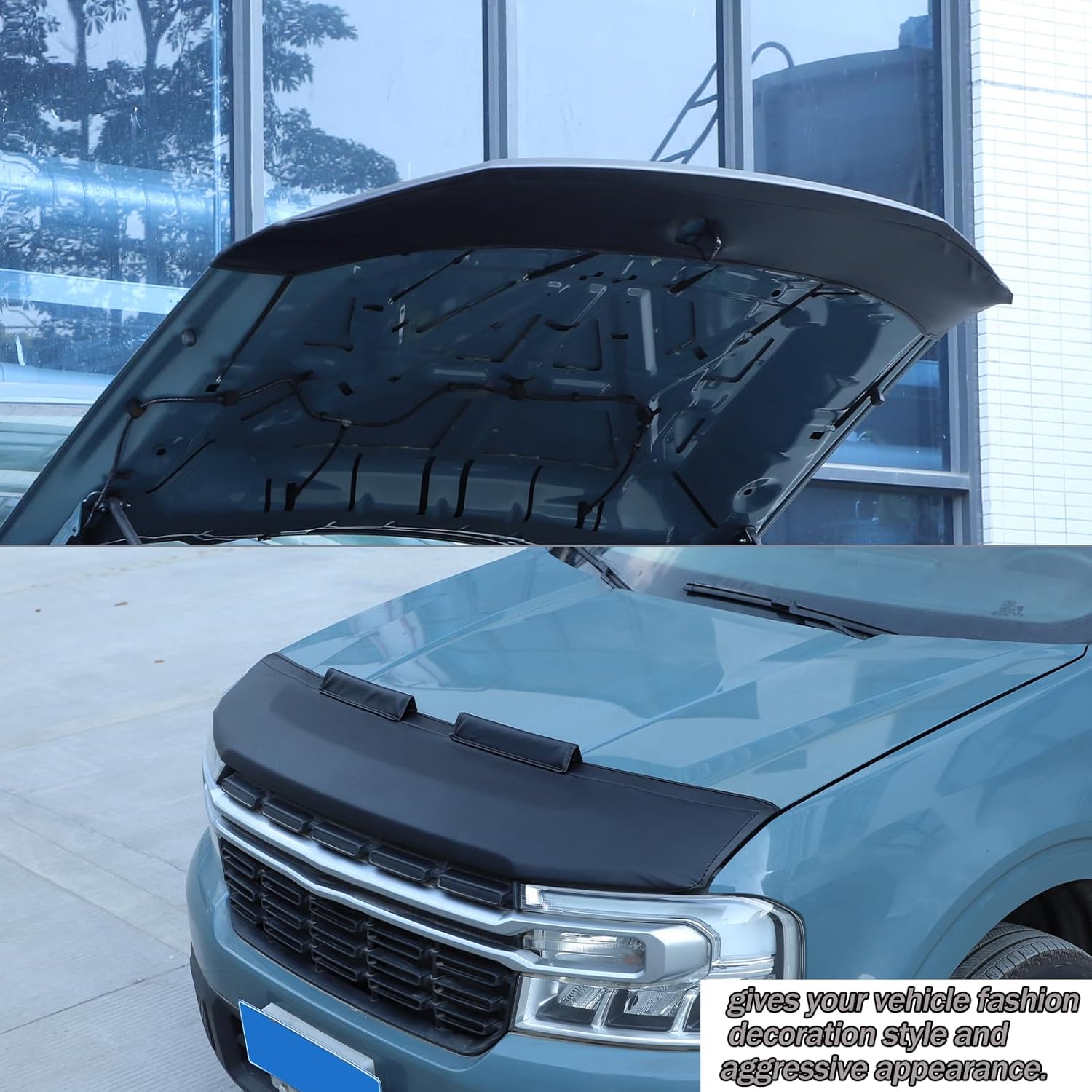 Black Leather Front Hood Cover Engine End Bra Protector Compatible with Ford Maverick 2022-2025 Car Engine Hood Cover,Front Hood Cover Bra Protector Cover (Style A)