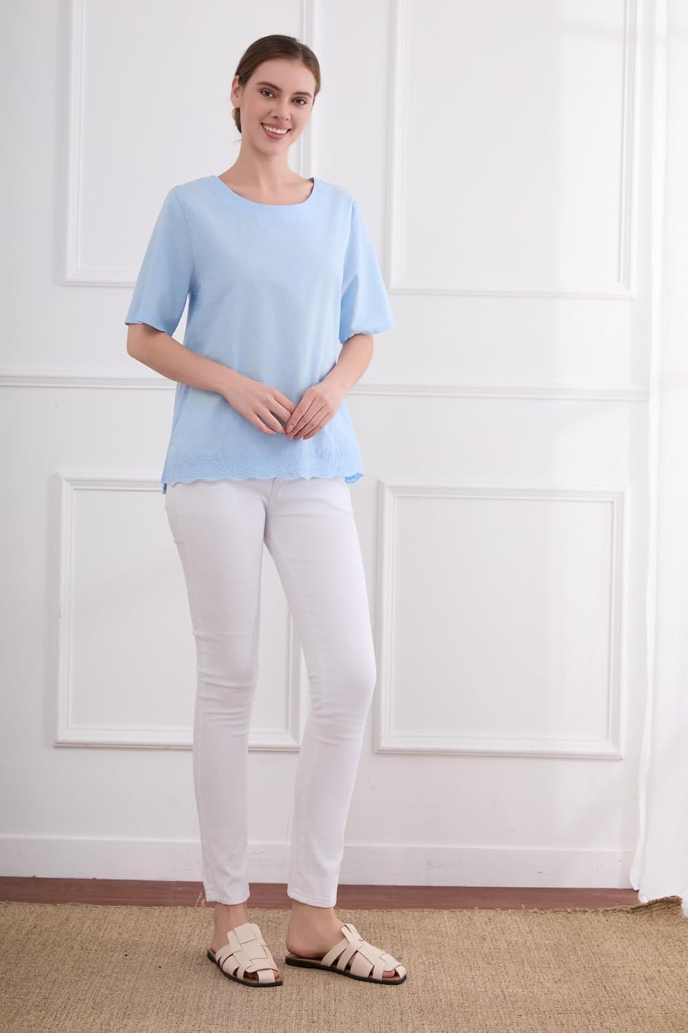 Minibee Women's Summer Linen Tunic Shirt High Low Hem Embroidery Blouse Top - Image 5