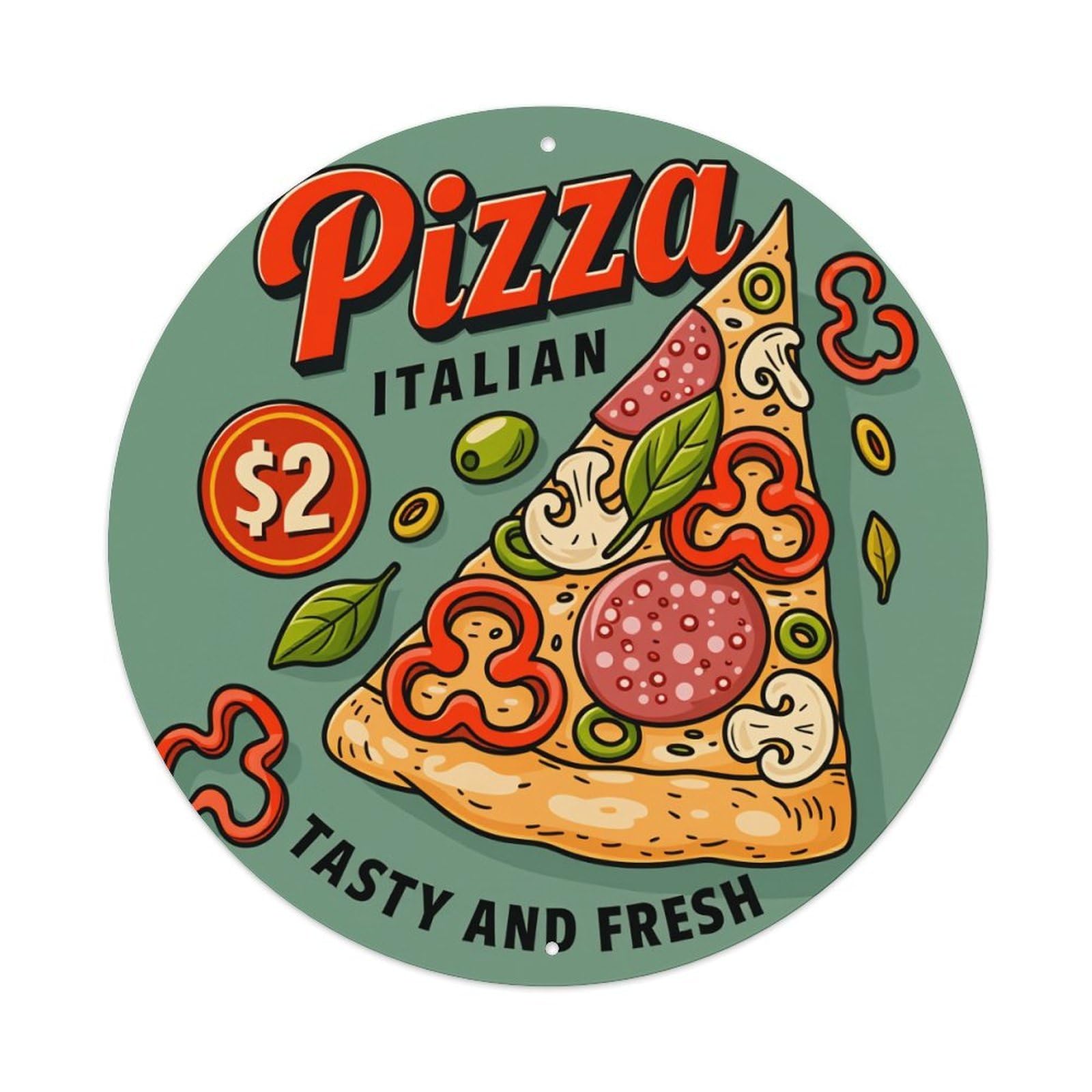 Pizza Slice Italian Tasty Fresh Vintage Metal Tin Sign Retro Wall Decor for Home Bar Garage Cafe, Indoor & Outdoor Decorative，circle Metal Poster, 8x8 Inch