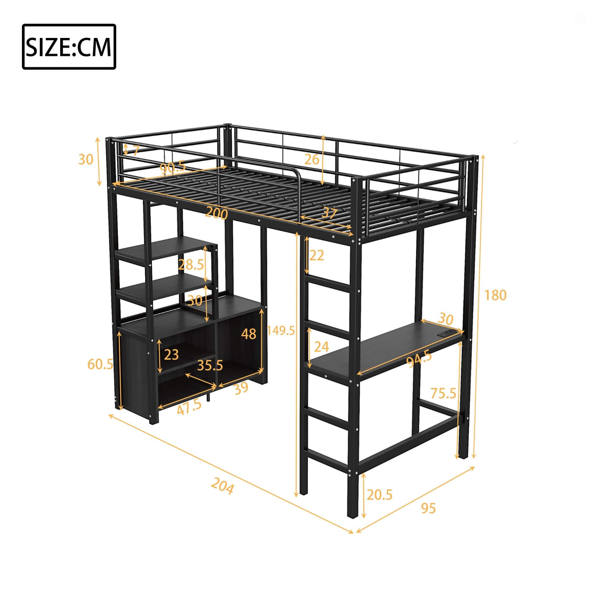 Metalowe łóżko na poddaszu 90 x 200 cm z biurkiem i miejscem do przechowywania, łóżko piętrowe z szafą do przechowywania i stelażem, rama łóżka zabezpieczona przed upadkiem, łóżkiem dziecięcym