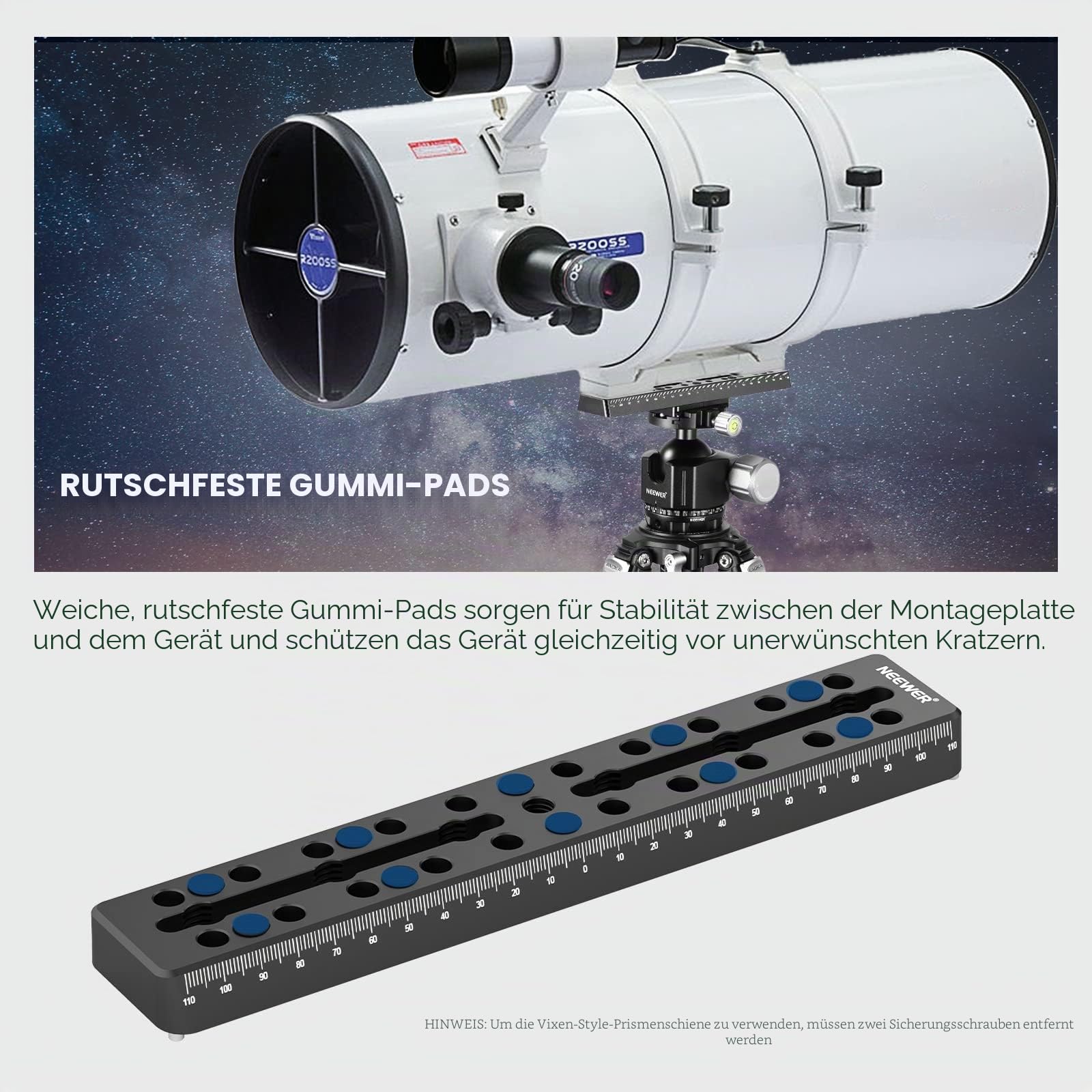 NEEWER 230mm Schienenleiste Vixen Stil Schwalbenschwanzplatte, Metall Sattel mit M6 1/4 Zoll 3/8 Zoll Kameraschraube für Teleskophalterung, Adapter OTA Äquatorial Stativ Astrofotografie